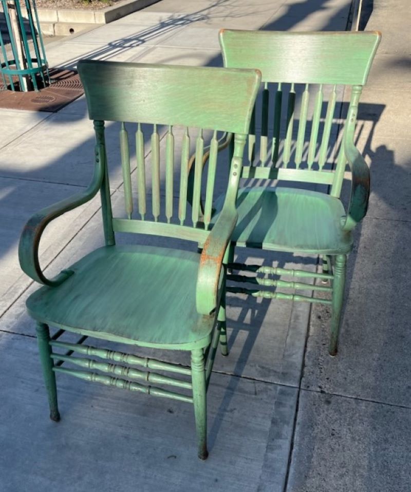 These early high back arm chairs in original cactus green painted surface.These chairs are in great condition.