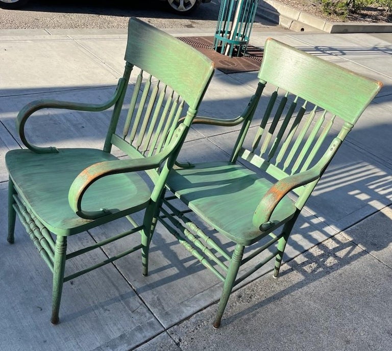 Matching Pair of E. 20thc Original Green Painted Arm Chairs For Sale at
