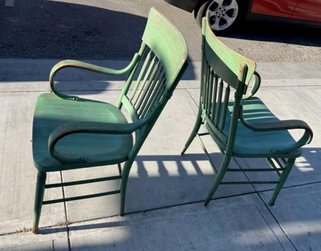 American Matching Pair of E. 20thc Original Green Painted Arm Chairs For Sale