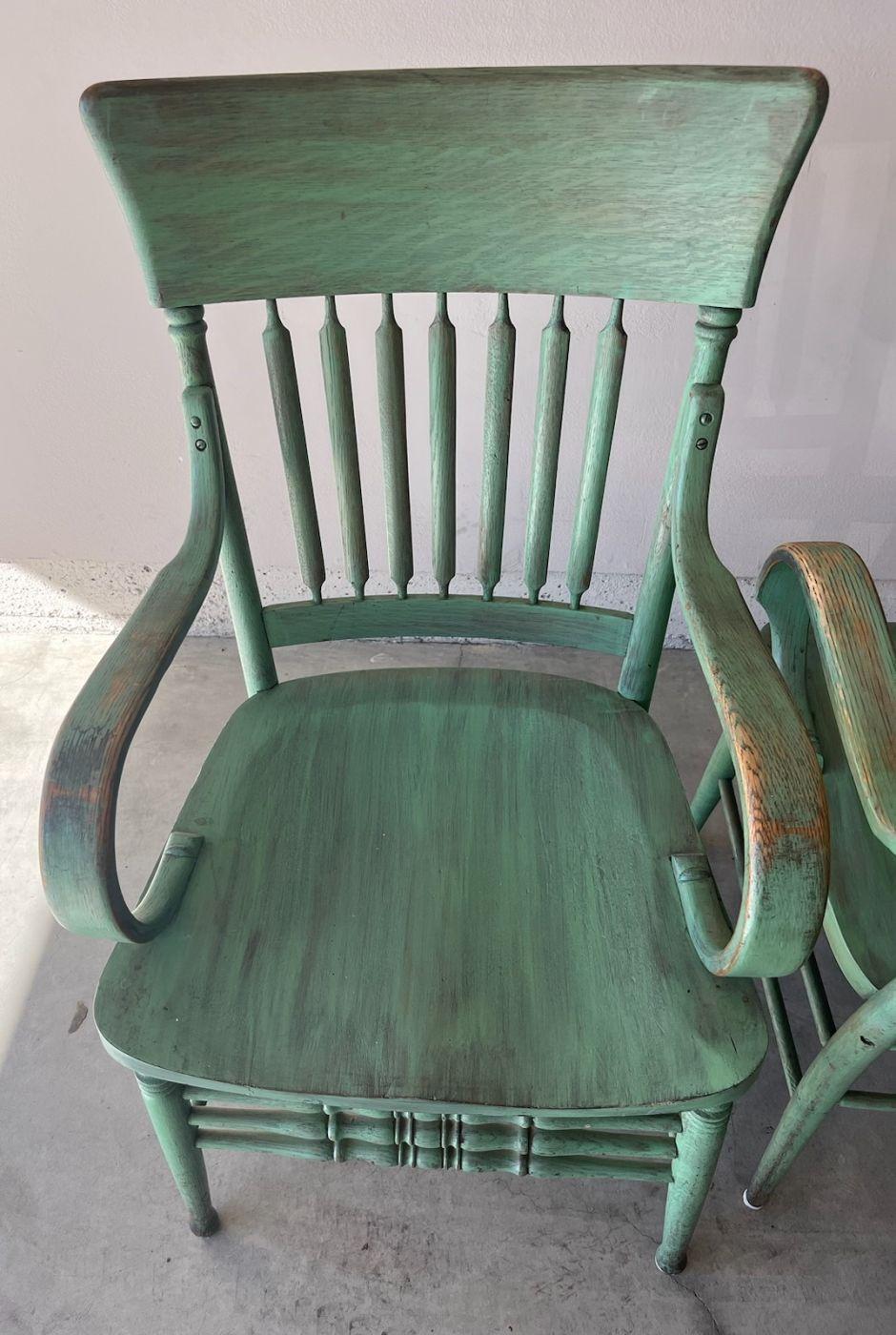 Hand-Painted Matching Pair of E. 20thc Original Green Painted Arm Chairs For Sale