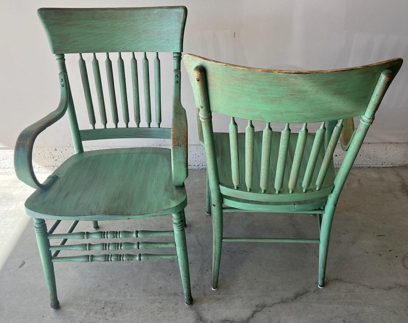 Matching Pair of E. 20thc Original Green Painted Arm Chairs In Good Condition For Sale In Los Angeles, CA