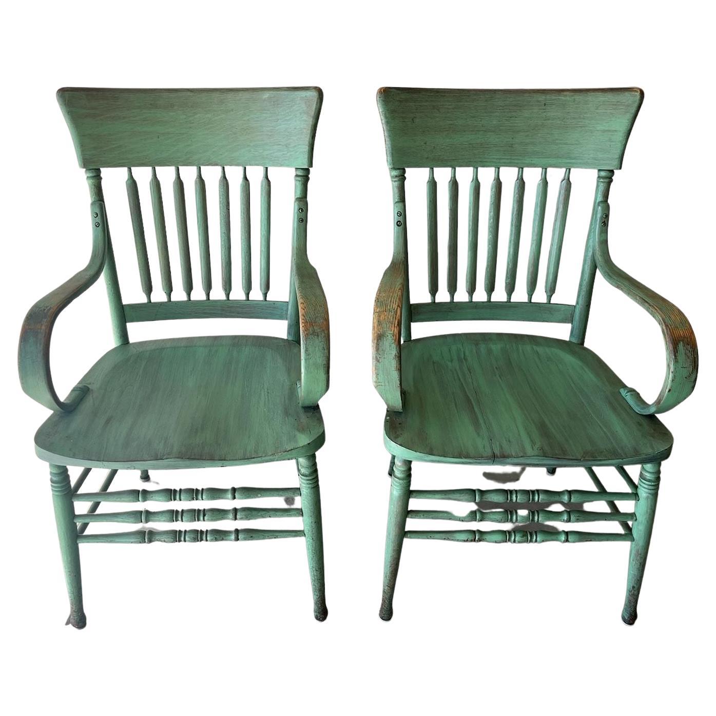 Matching Pair of E. 20thc Original Green Painted Arm Chairs For Sale