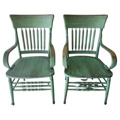 Matching Pair of E. 20thc Original Green Painted Arm Chairs