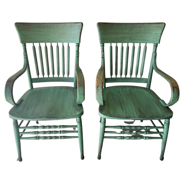 Matching Pair of E. 20thc Original Green Painted Arm Chairs For Sale at