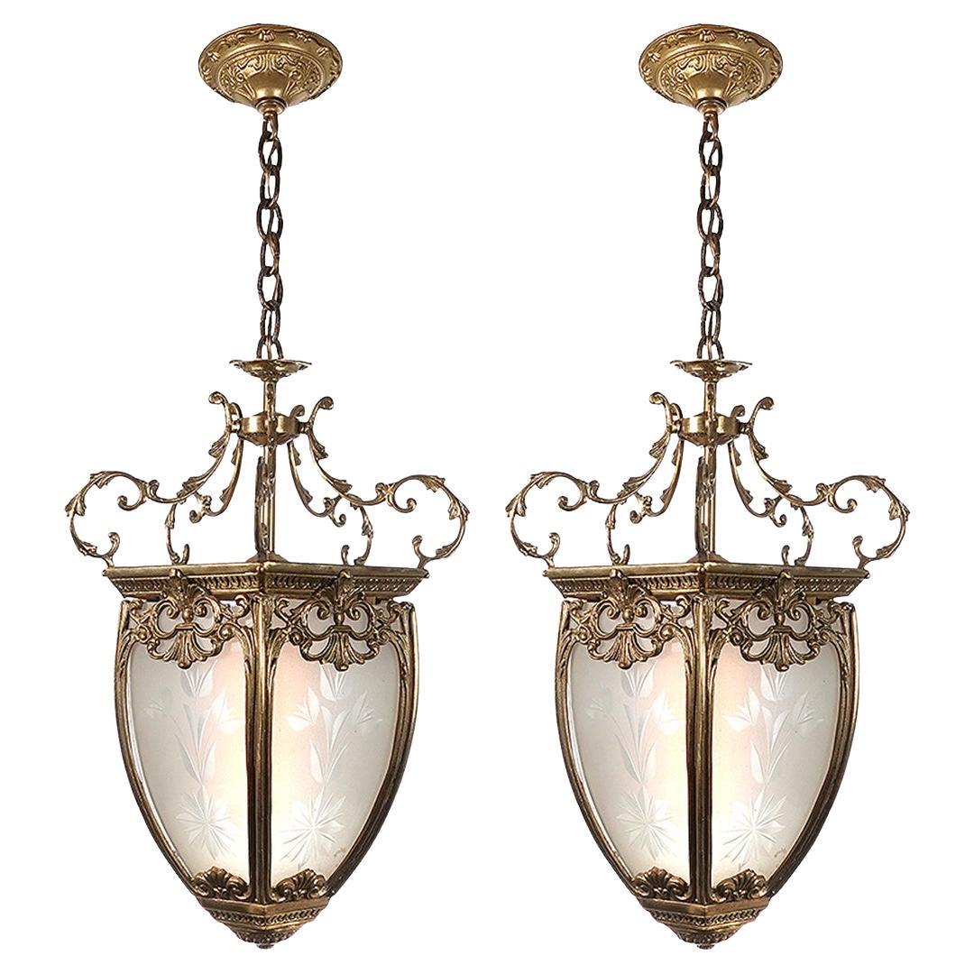 Matching Pair of Ornate Brass and 5 Panel Cut Glass Lantern Style Pendents