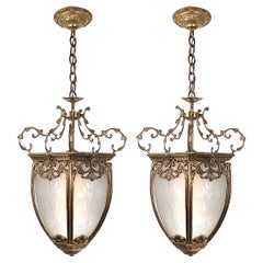 Matching Pair of Ornate Brass and 5 Panel Cut Glass Lantern Style Pendents