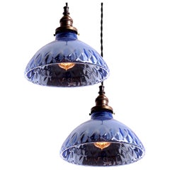 Matching Pair of Quilted Blue Mercury Glass Pendant Lights
