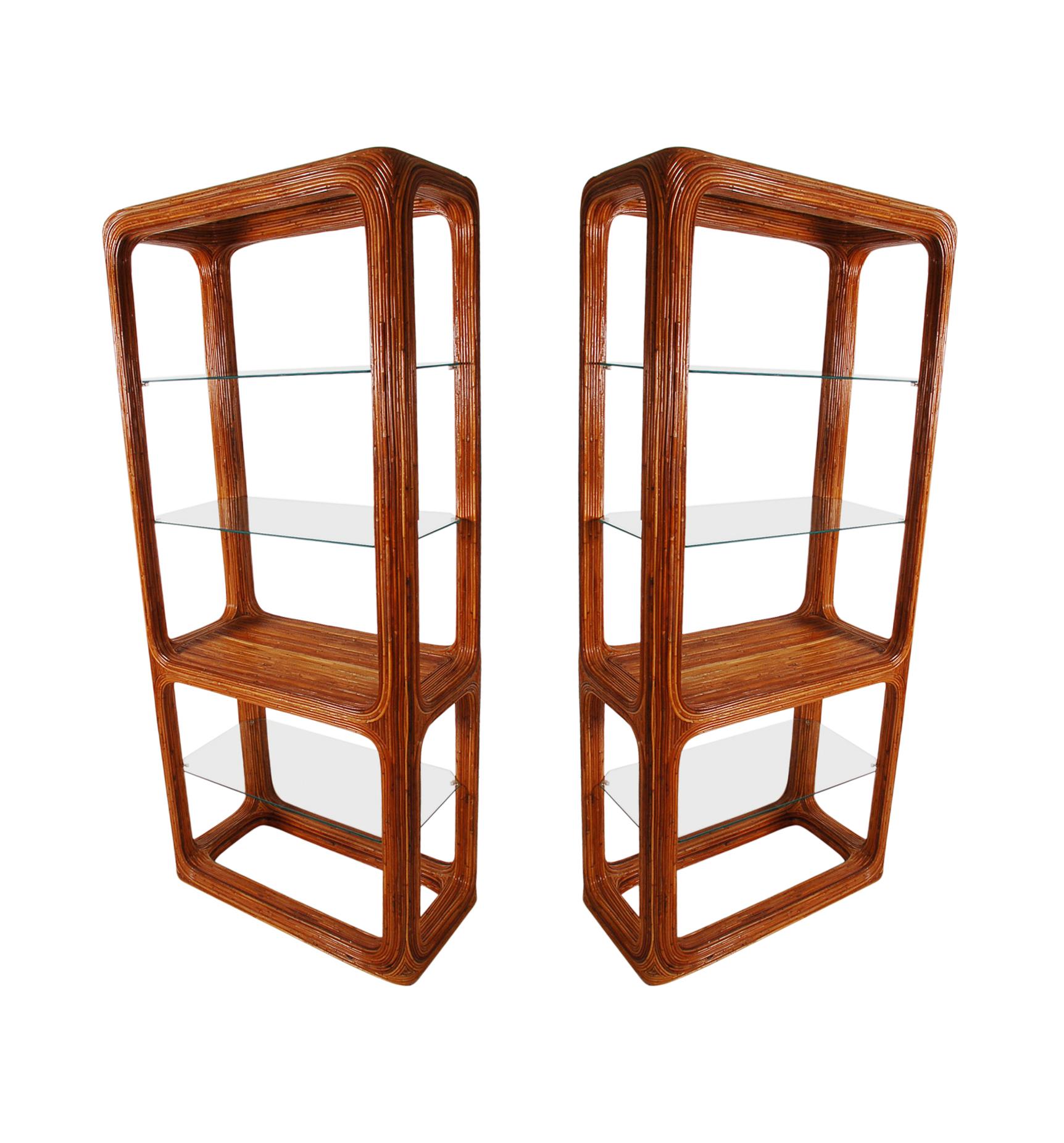 Matching Pair of Rattan and Glass Étagères or Wall Units  In Good Condition In Philadelphia, PA