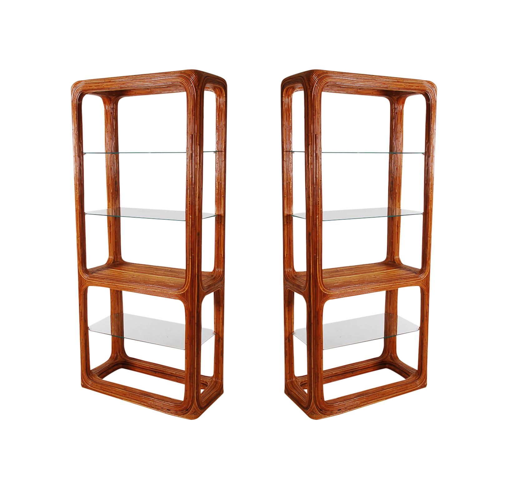 Reed Matching Pair of Rattan and Glass Étagères or Wall Units 