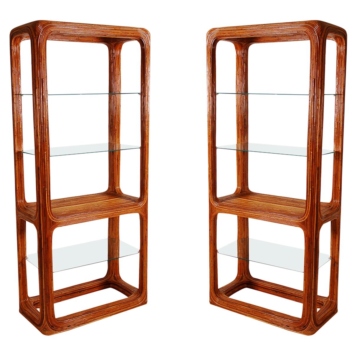 Matching Pair of Rattan and Glass Étagères or Wall Units 