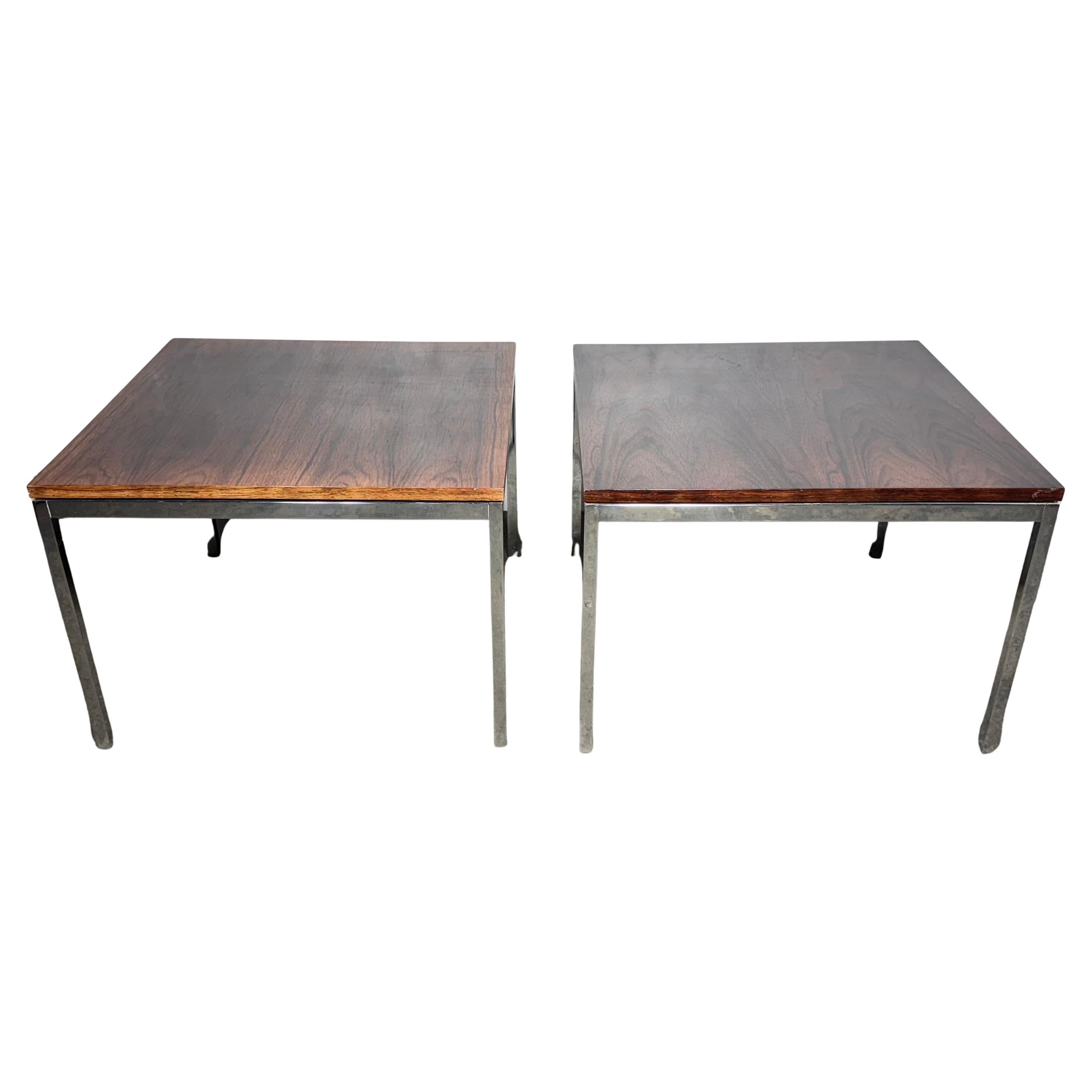 Matching Pair of Rosewood & Steel Square Knoll Side End Tables Stands