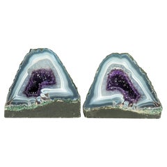 Matching Pair of Small Lace Agate Cathedrals with Deep Purple Crystal Amethyst