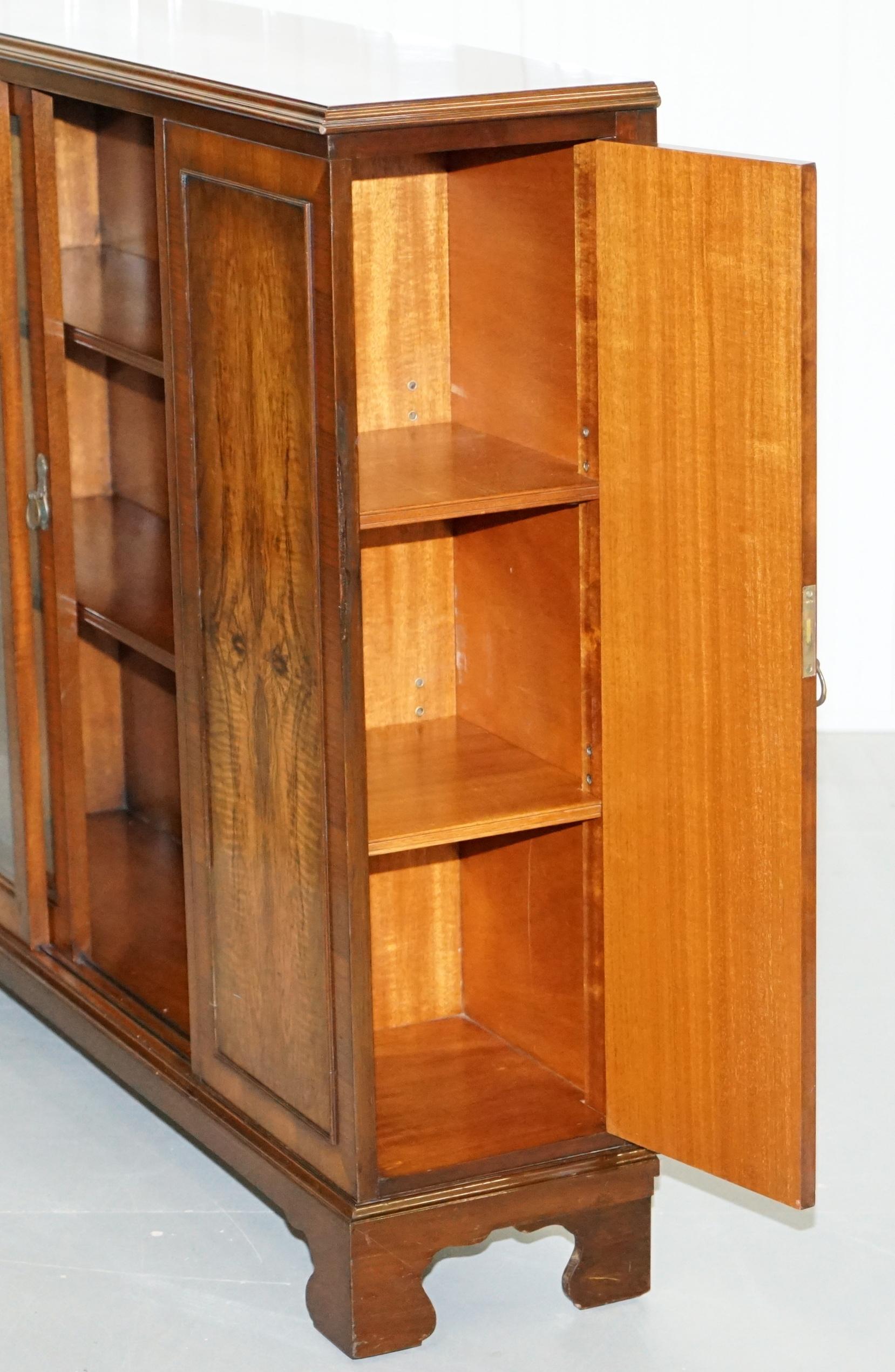 Glass Matching Pair of Stunning Figured Walnut Sideboard Bookcases with Side Cupboards