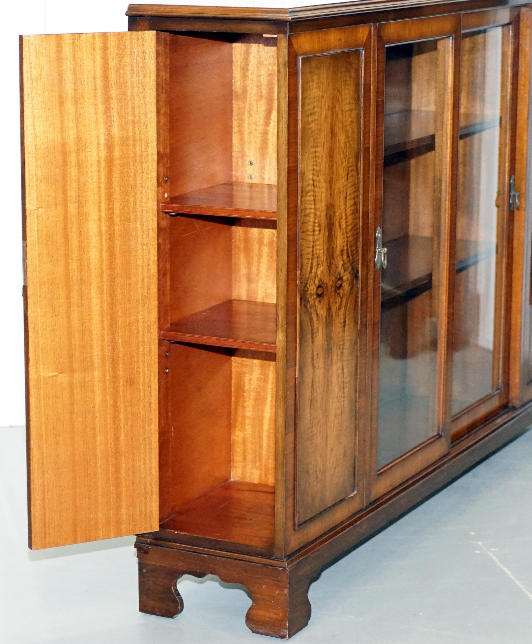 Matching Pair of Stunning Figured Walnut Sideboard Bookcases with Side Cupboards 1