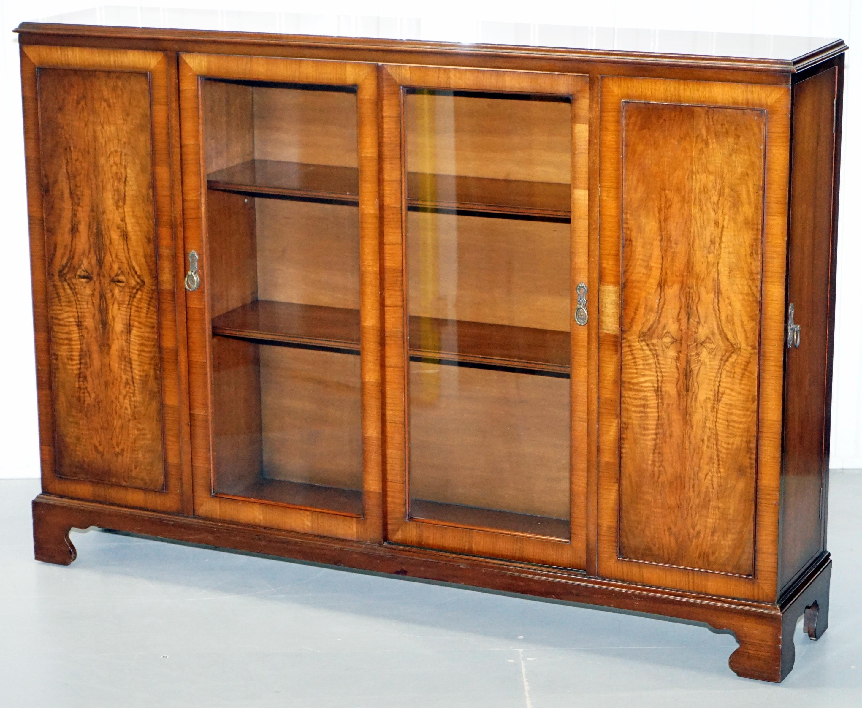 Matching Pair of Stunning Figured Walnut Sideboard Bookcases with Side Cupboards 2