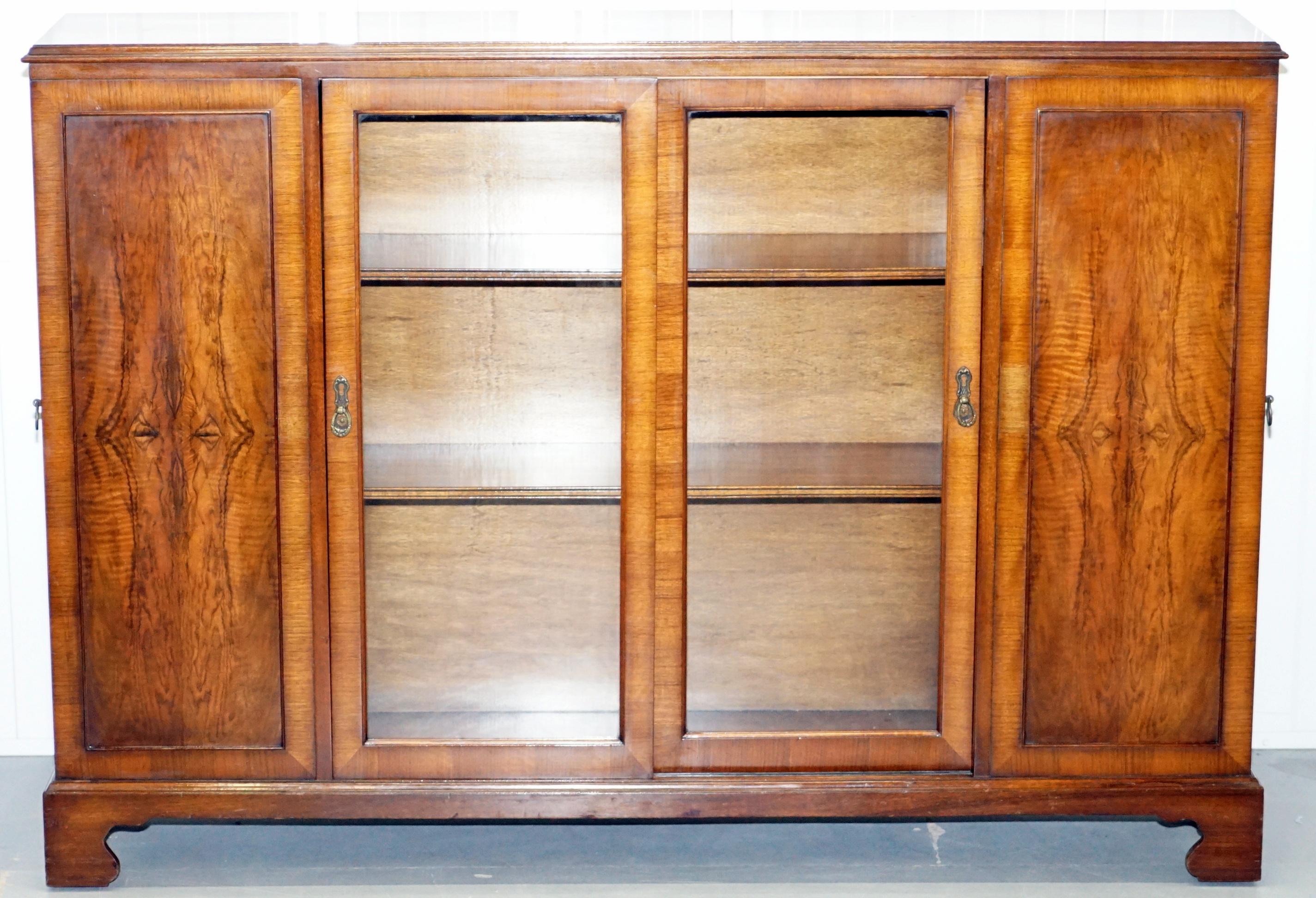 Matching Pair of Stunning Figured Walnut Sideboard Bookcases with Side Cupboards 3