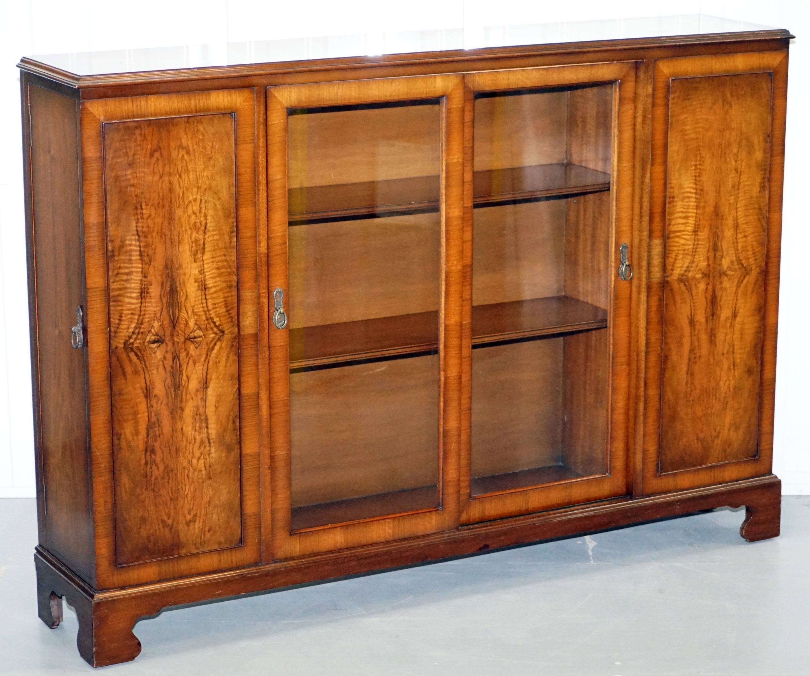Matching Pair of Stunning Figured Walnut Sideboard Bookcases with Side Cupboards 4
