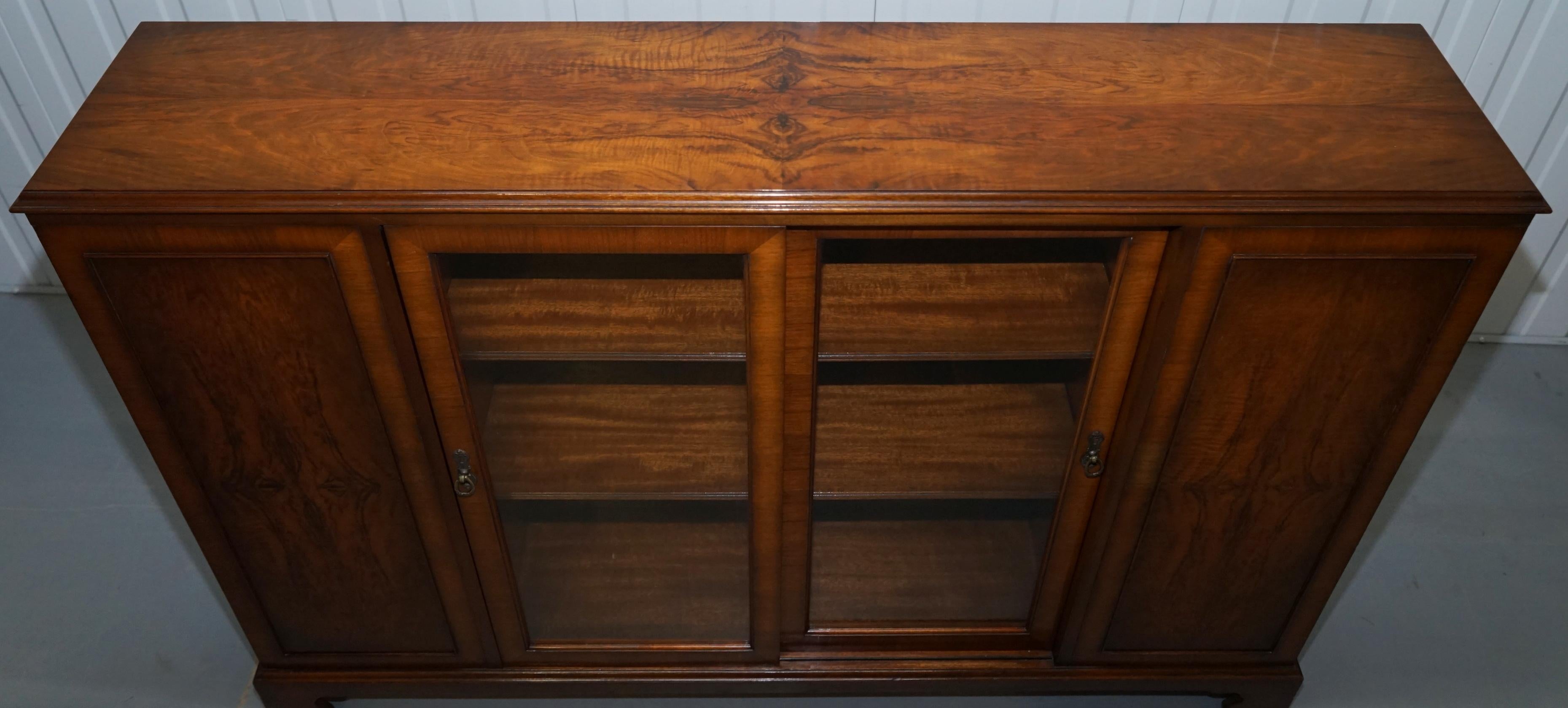 Matching Pair of Stunning Figured Walnut Sideboard Bookcases with Side Cupboards 5