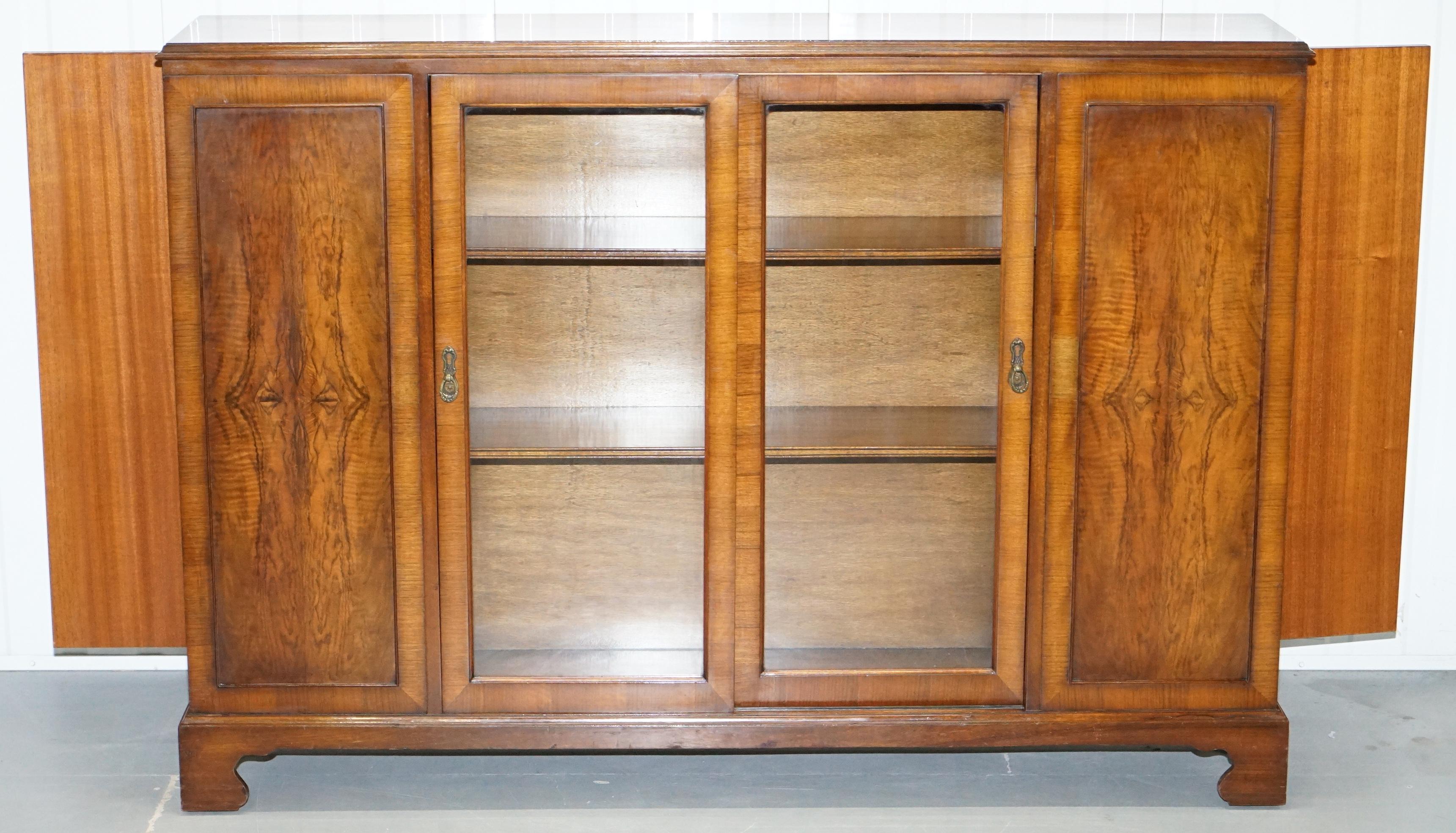 Matching Pair of Stunning Figured Walnut Sideboard Bookcases with Side Cupboards 9