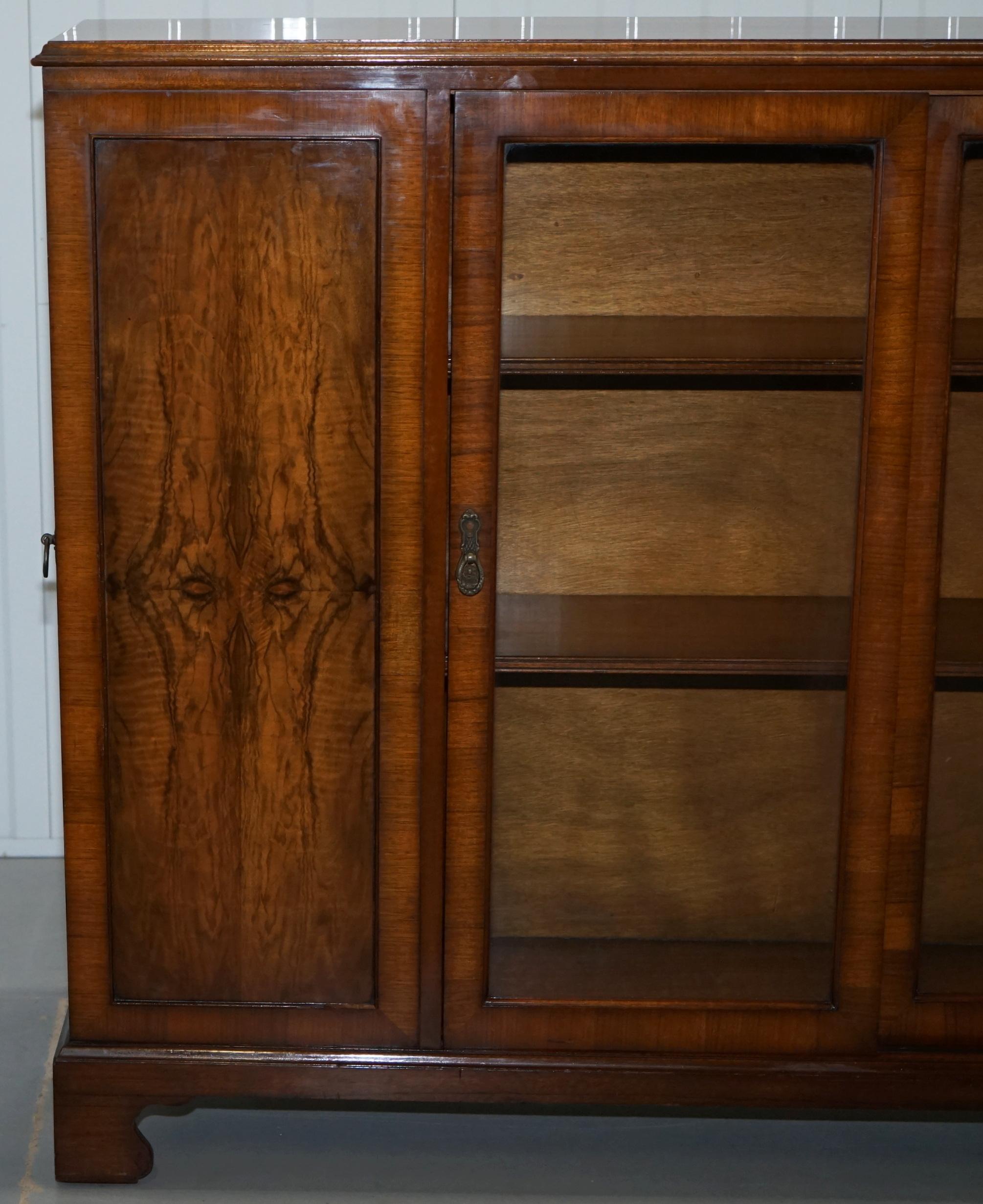 Mid-Century Modern Matching Pair of Stunning Figured Walnut Sideboard Bookcases with Side Cupboards
