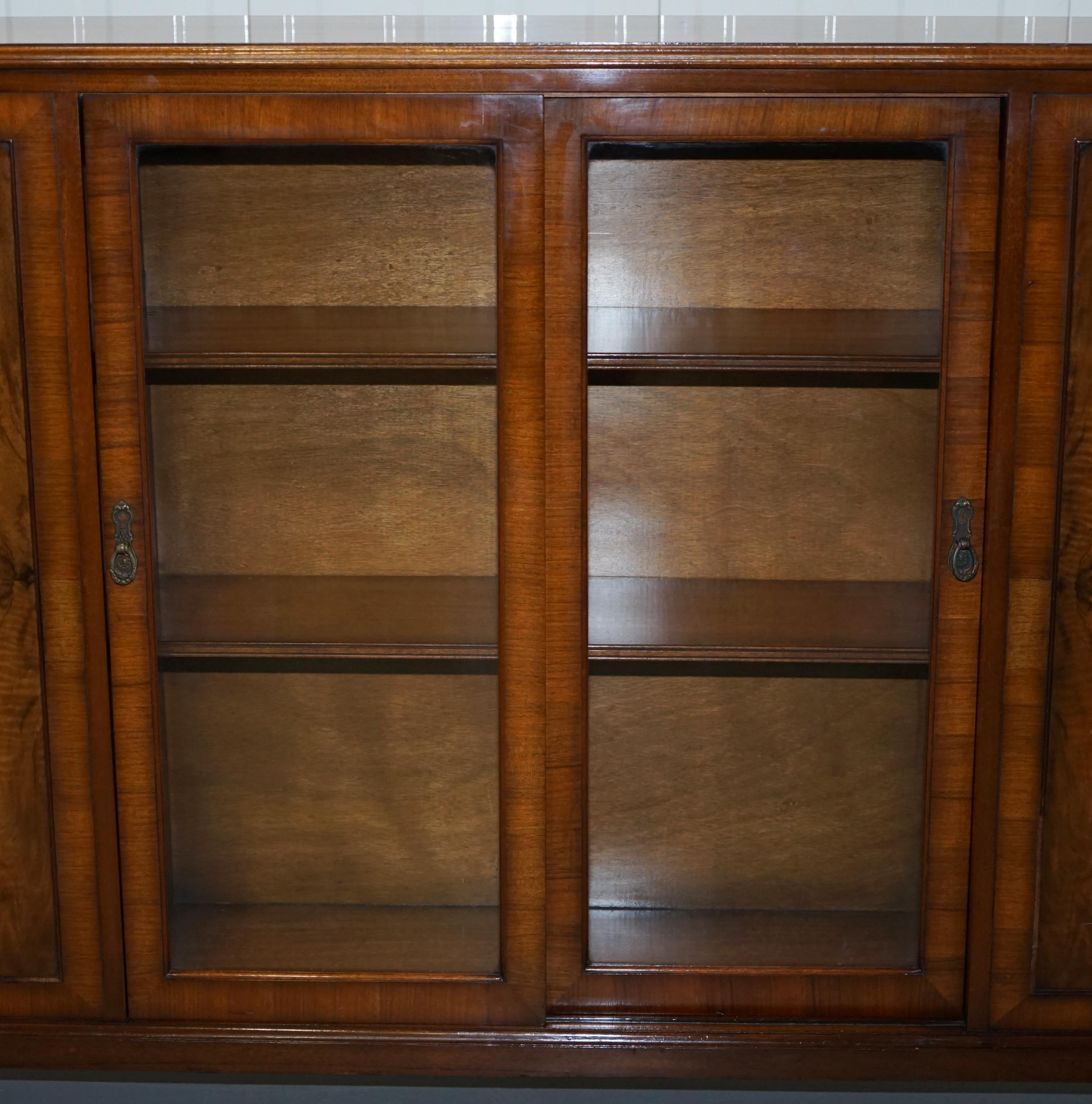 British Matching Pair of Stunning Figured Walnut Sideboard Bookcases with Side Cupboards