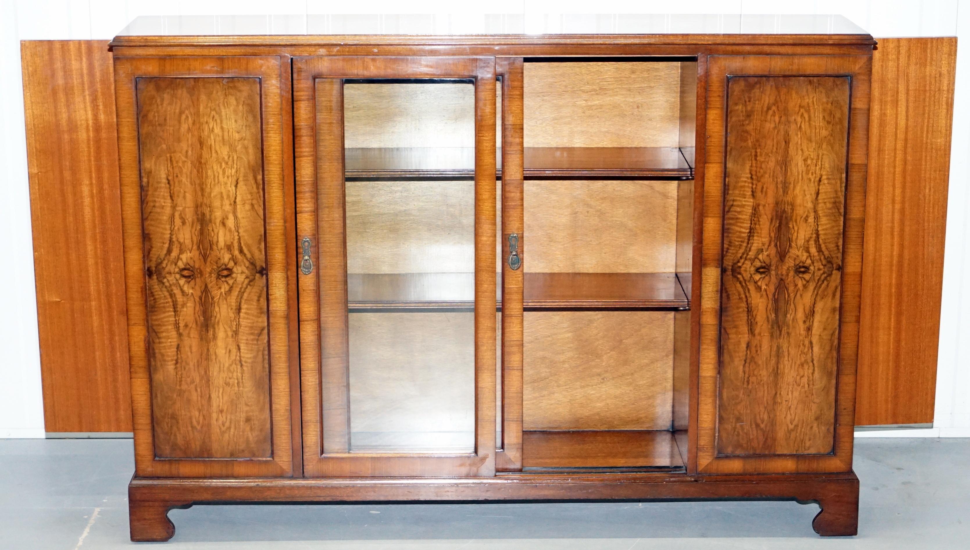Hand-Carved Matching Pair of Stunning Figured Walnut Sideboard Bookcases with Side Cupboards
