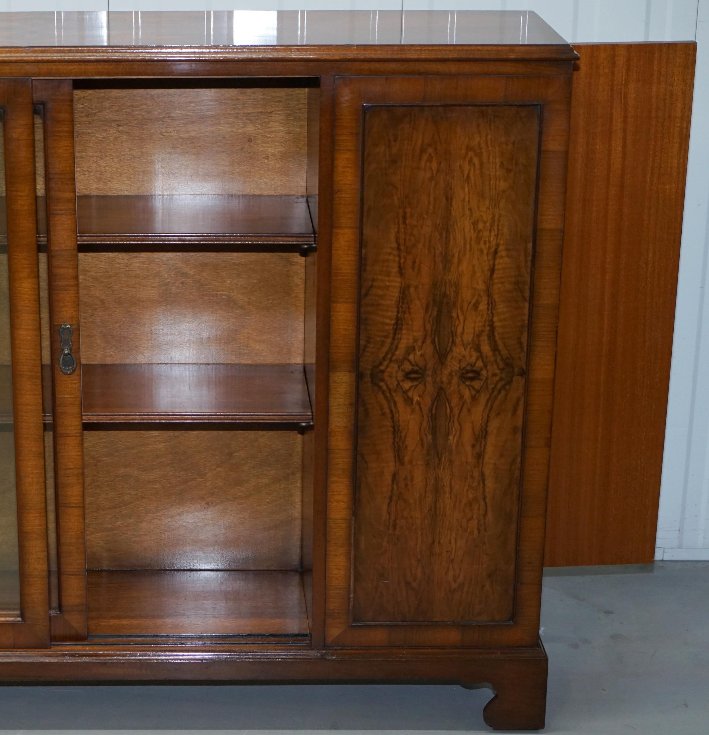 20th Century Matching Pair of Stunning Figured Walnut Sideboard Bookcases with Side Cupboards