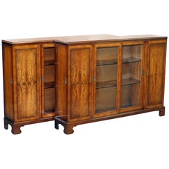 Vintage Matching Pair of Stunning Figured Walnut Sideboard Bookcases with Side Cupboards