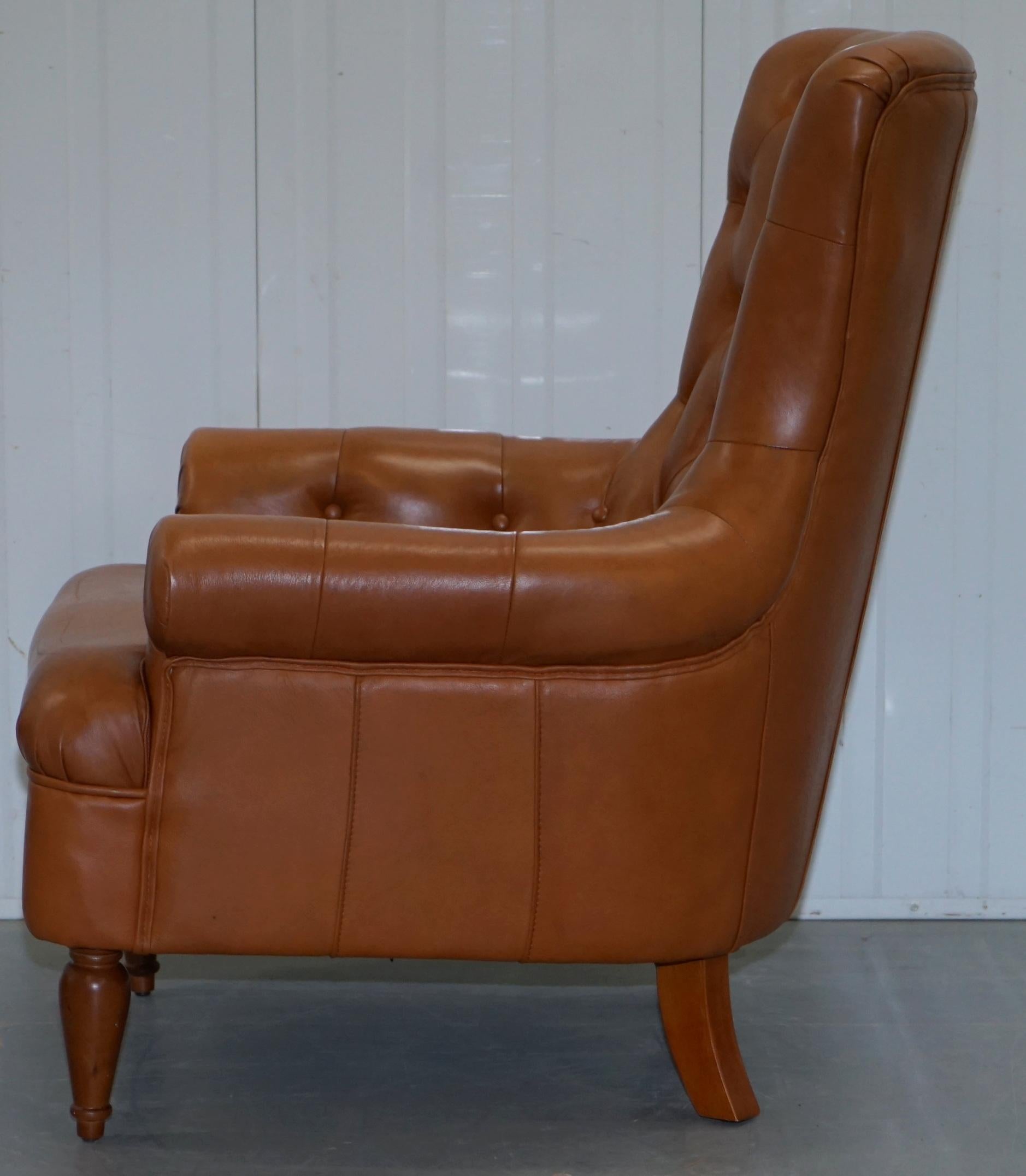 Matching Pair of Tan Brown Leather Chesterfield Buttoned Comfortable Armchairs 4