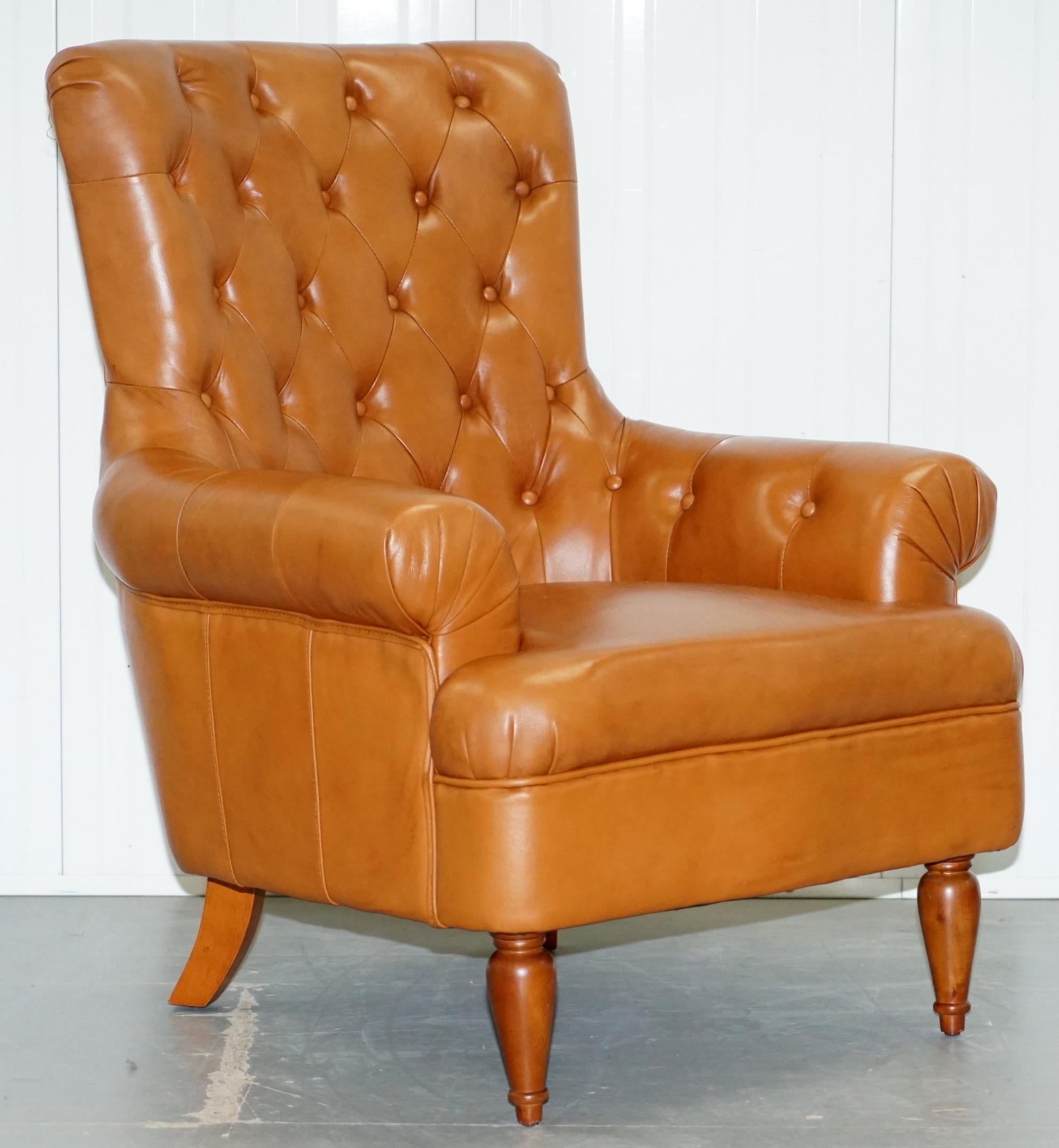 Matching Pair of Tan Brown Leather Chesterfield Buttoned Comfortable Armchairs 7