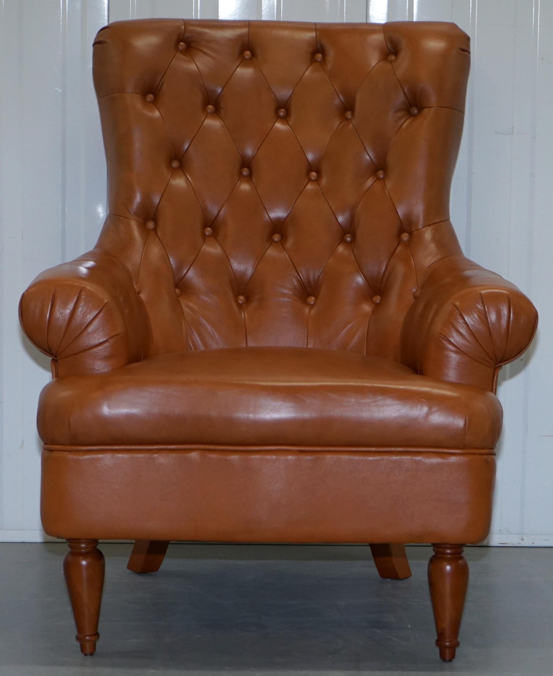 Matching Pair of Tan Brown Leather Chesterfield Buttoned Comfortable Armchairs 8