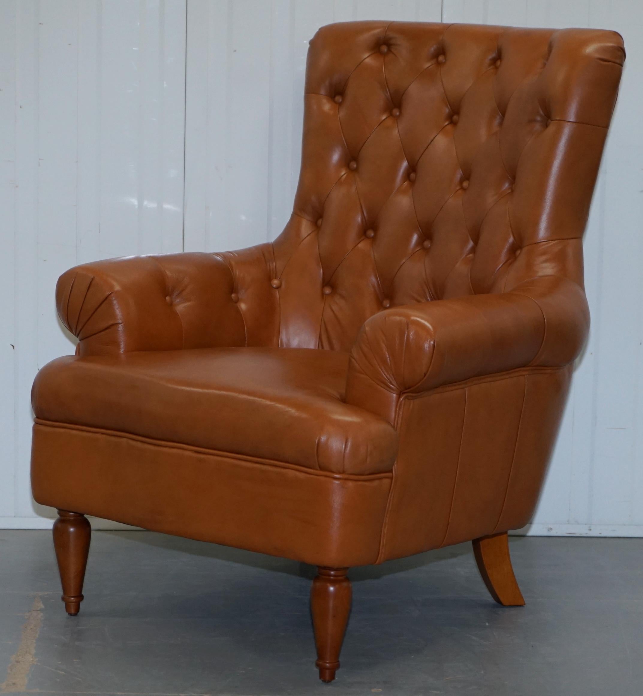 Matching Pair of Tan Brown Leather Chesterfield Buttoned Comfortable Armchairs 9