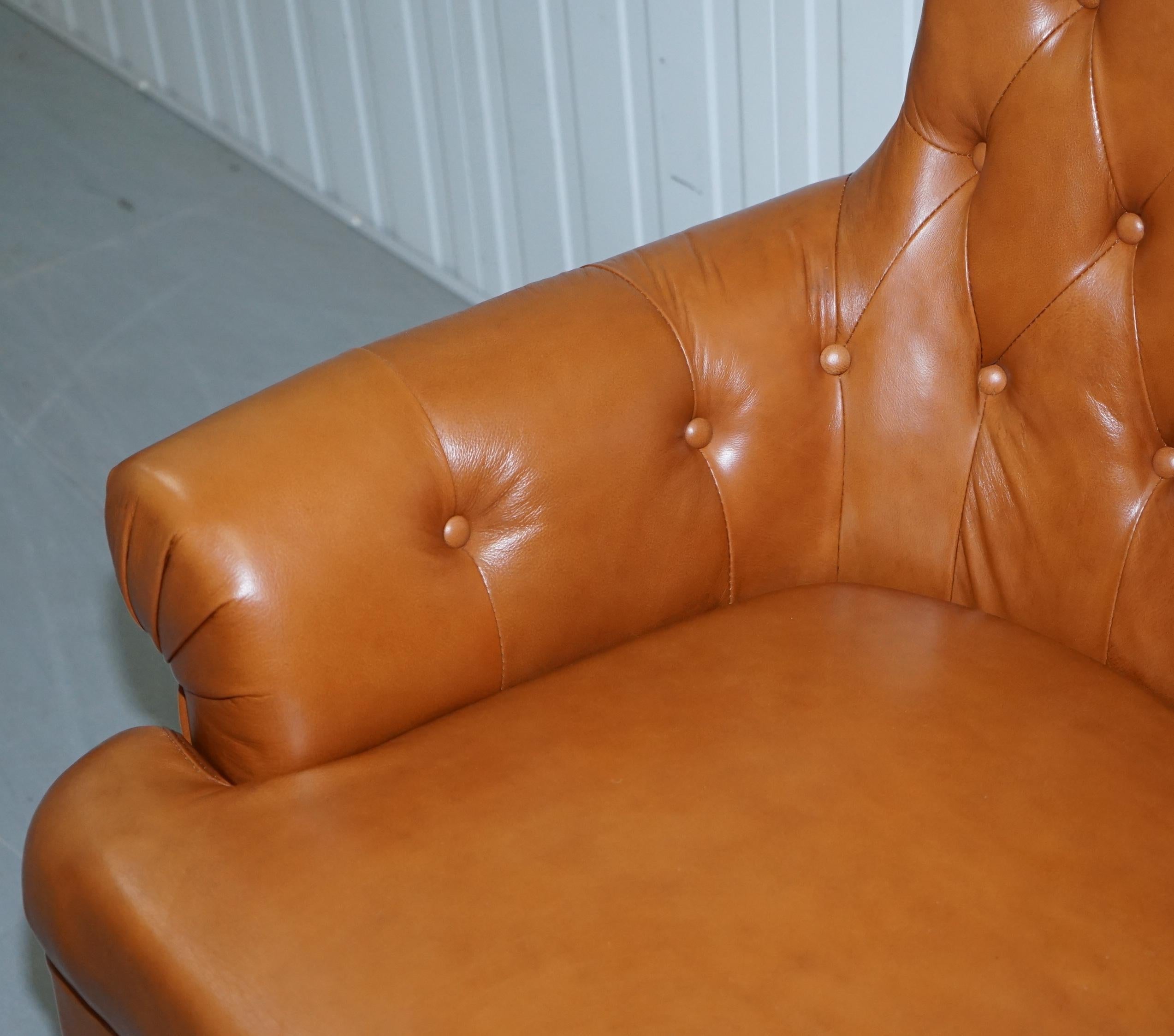 Matching Pair of Tan Brown Leather Chesterfield Buttoned Comfortable Armchairs 11