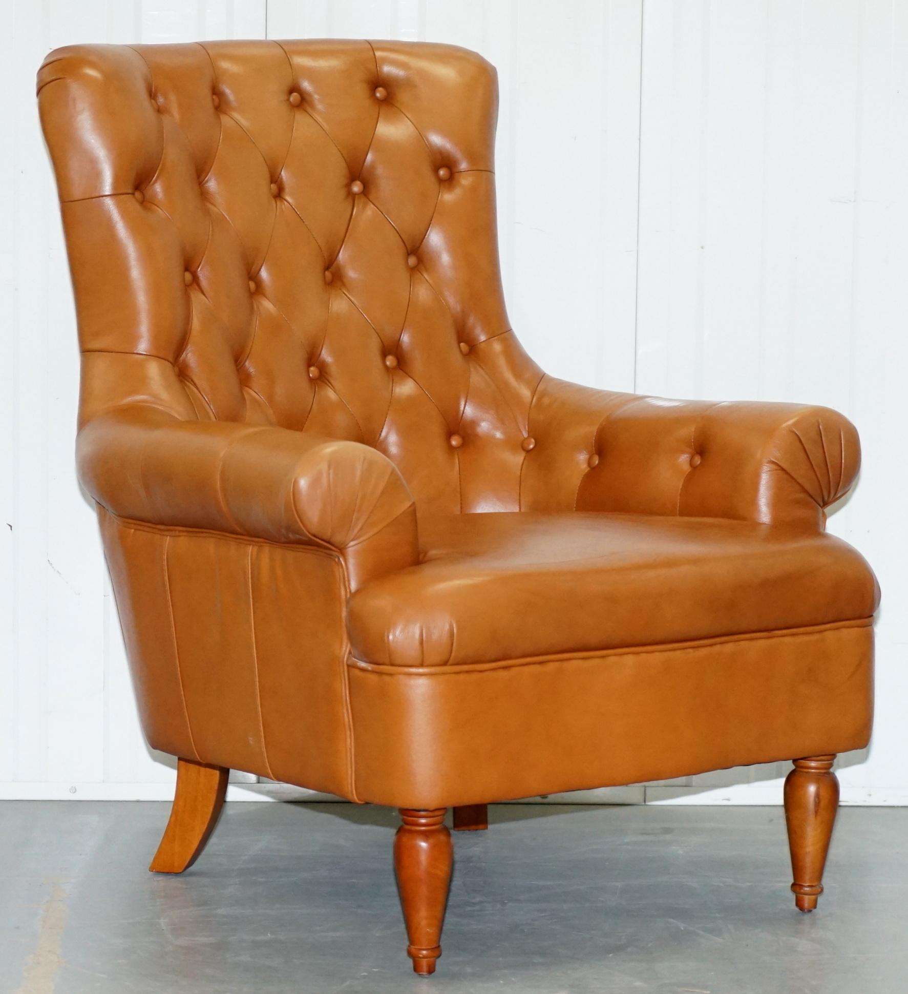 We are delighted to offer for sale this lovely pair of very comfortable high back lounge armchairs in tan brown leather and Chesterfield buttoned

A very good looking and well-made pair, they have been lightly restored to include a deep clean hand