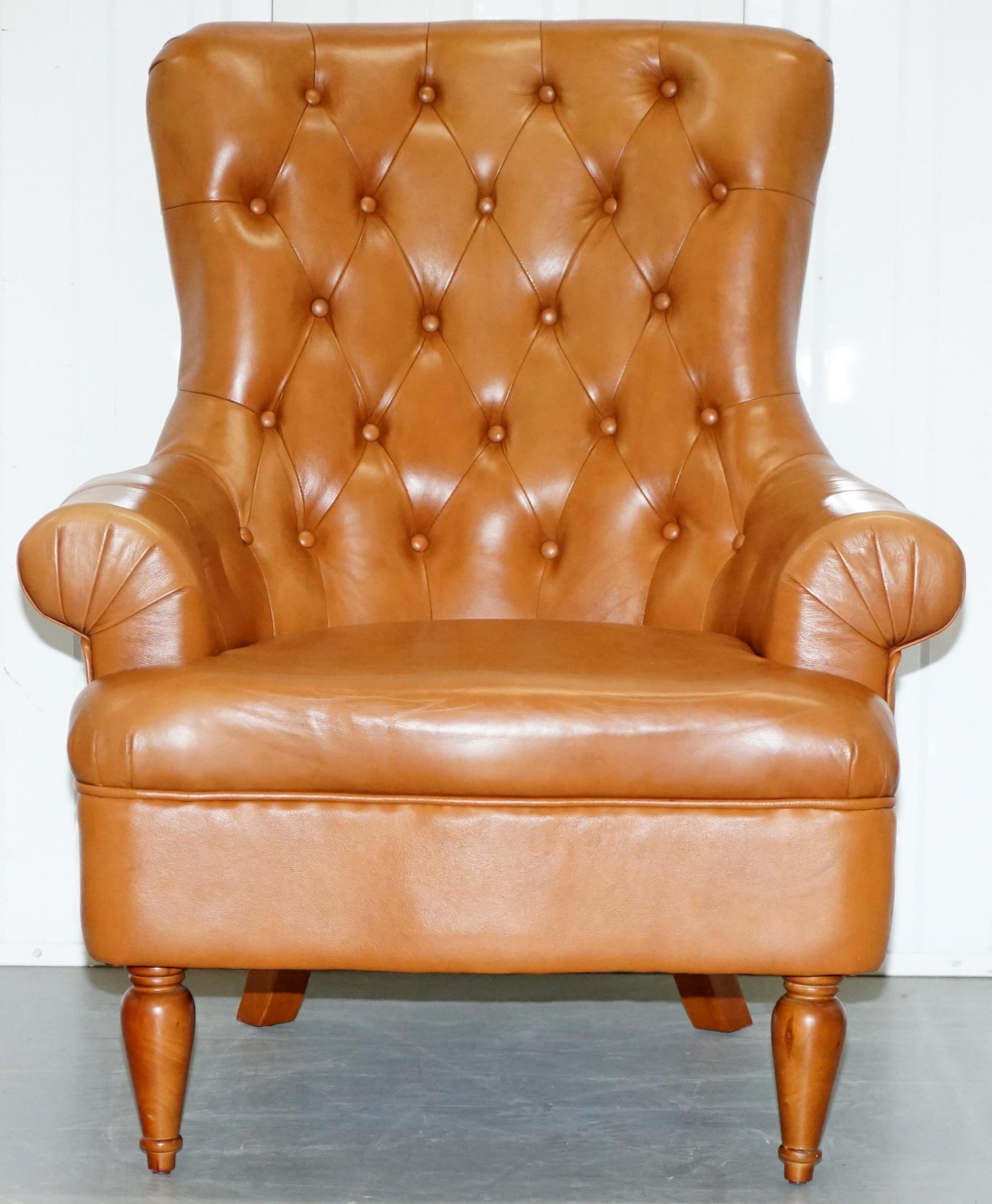 Modern Matching Pair of Tan Brown Leather Chesterfield Buttoned Comfortable Armchairs
