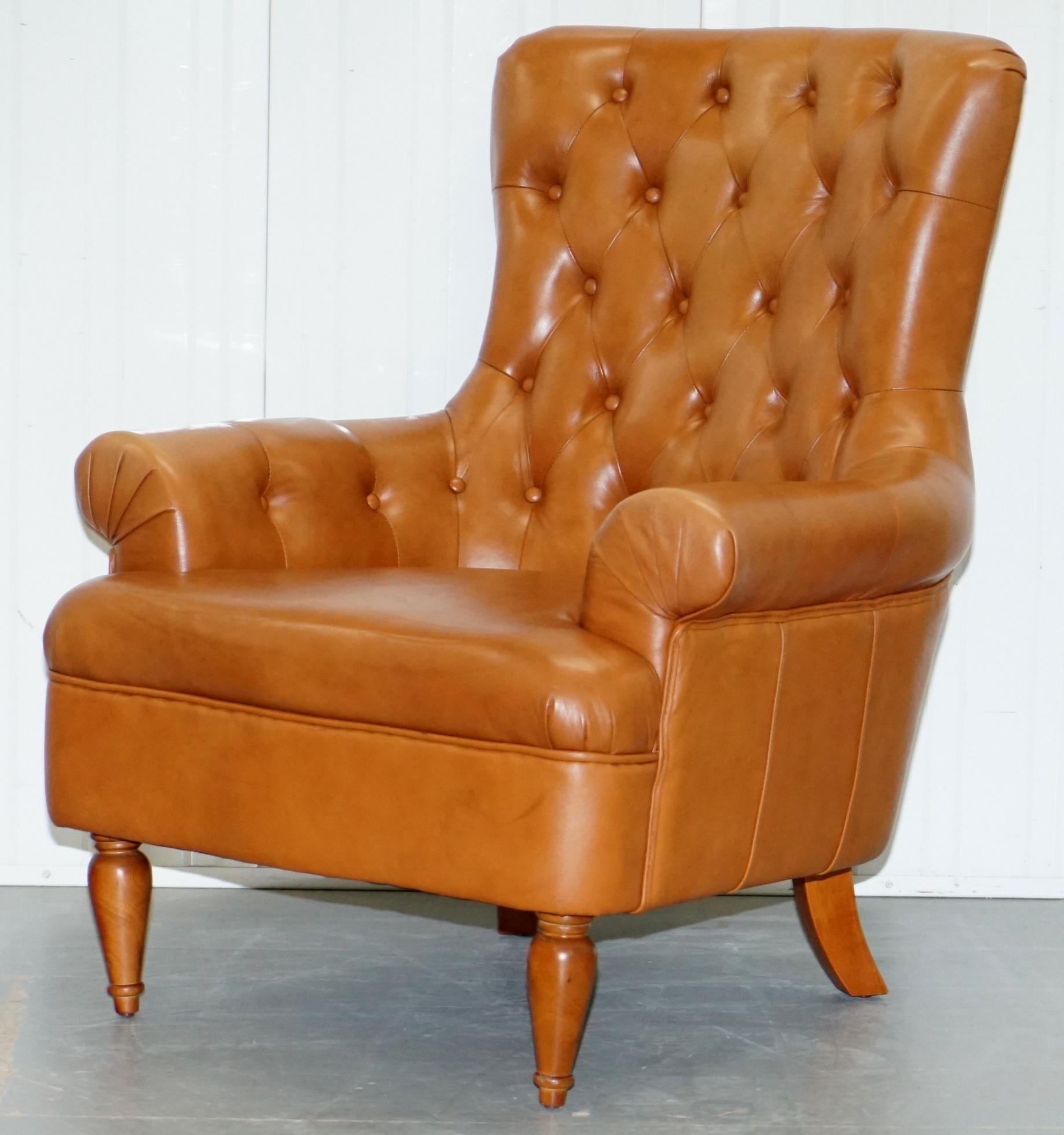 English Matching Pair of Tan Brown Leather Chesterfield Buttoned Comfortable Armchairs