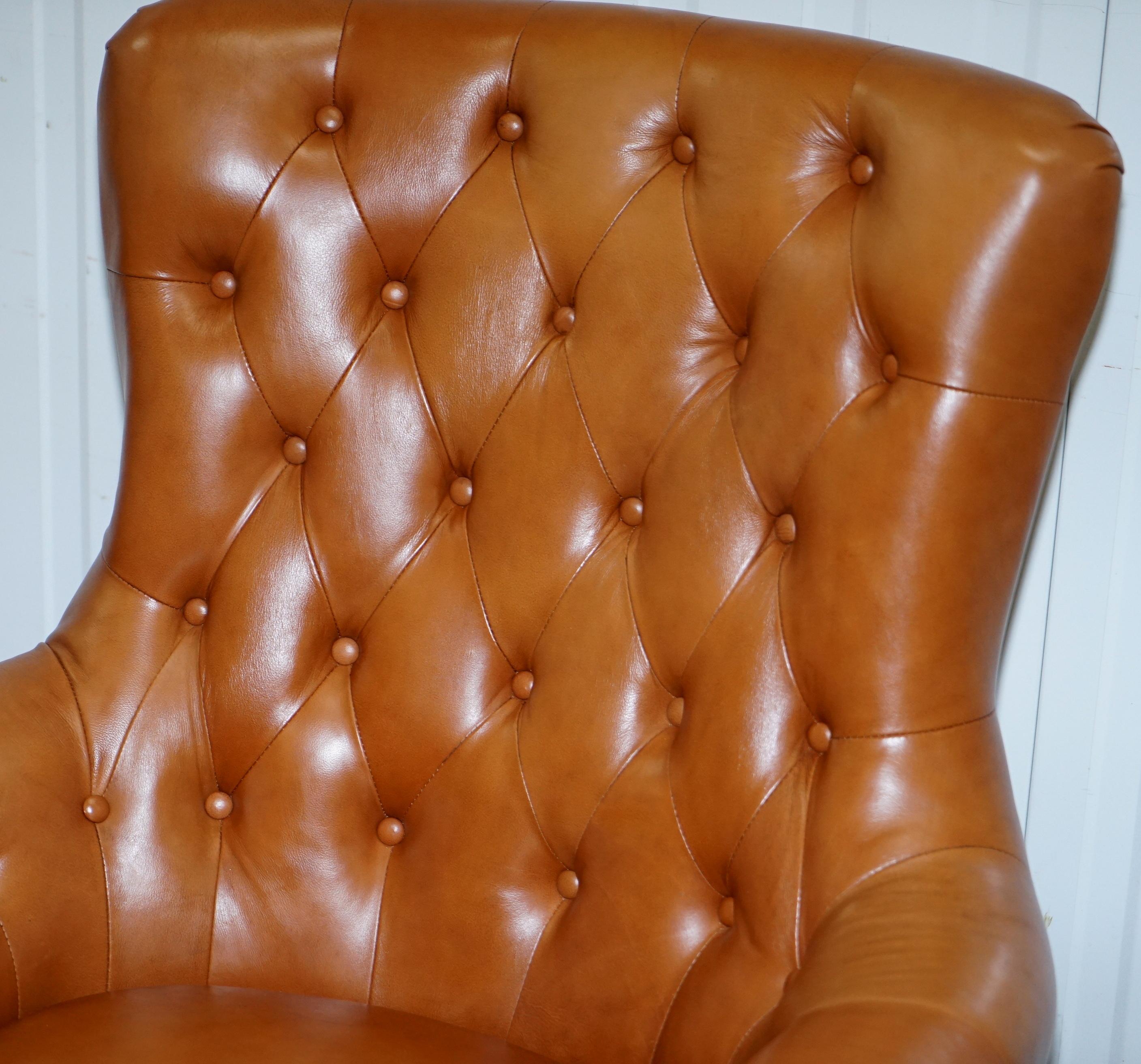 Hand-Crafted Matching Pair of Tan Brown Leather Chesterfield Buttoned Comfortable Armchairs