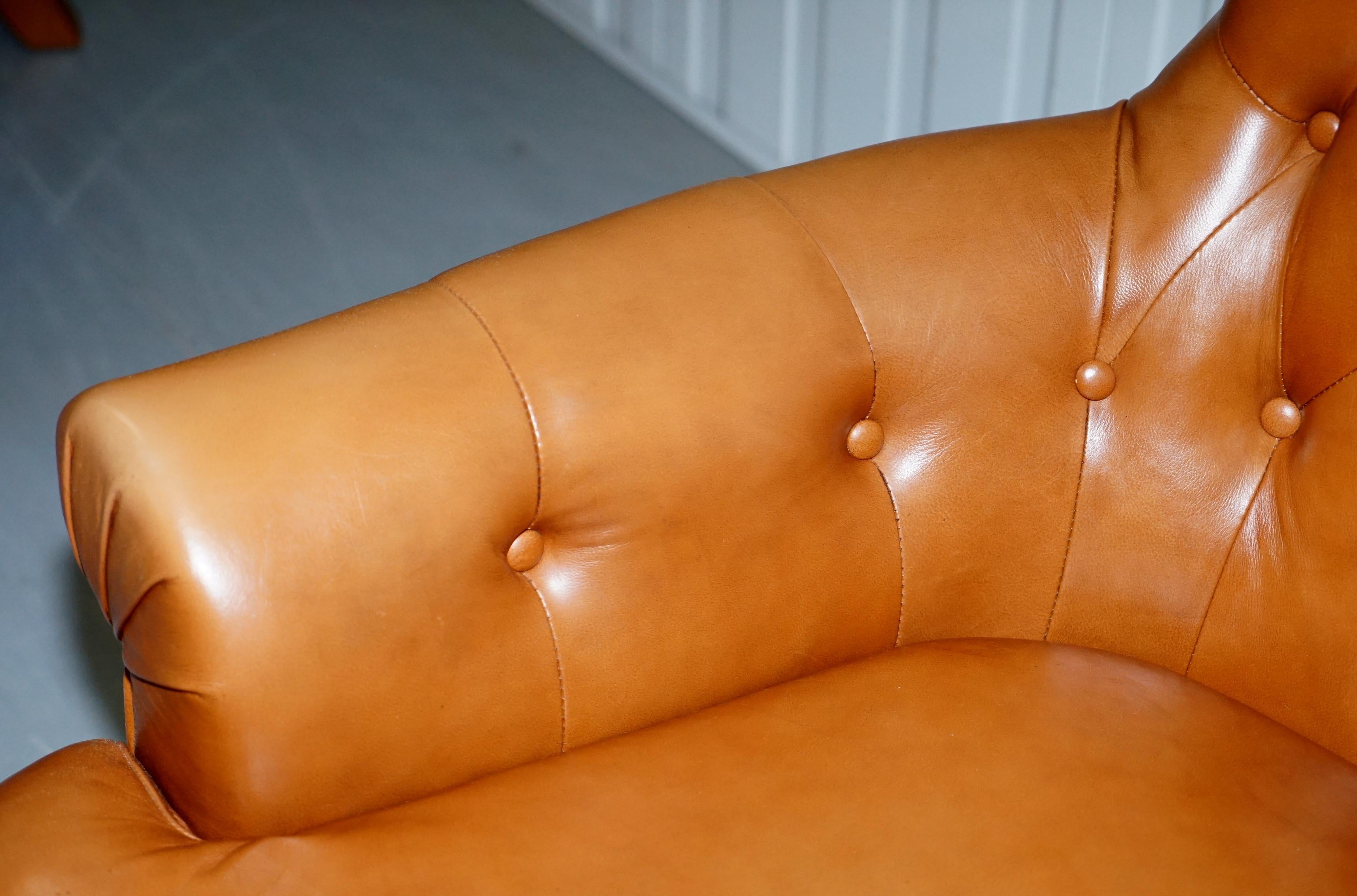 Contemporary Matching Pair of Tan Brown Leather Chesterfield Buttoned Comfortable Armchairs