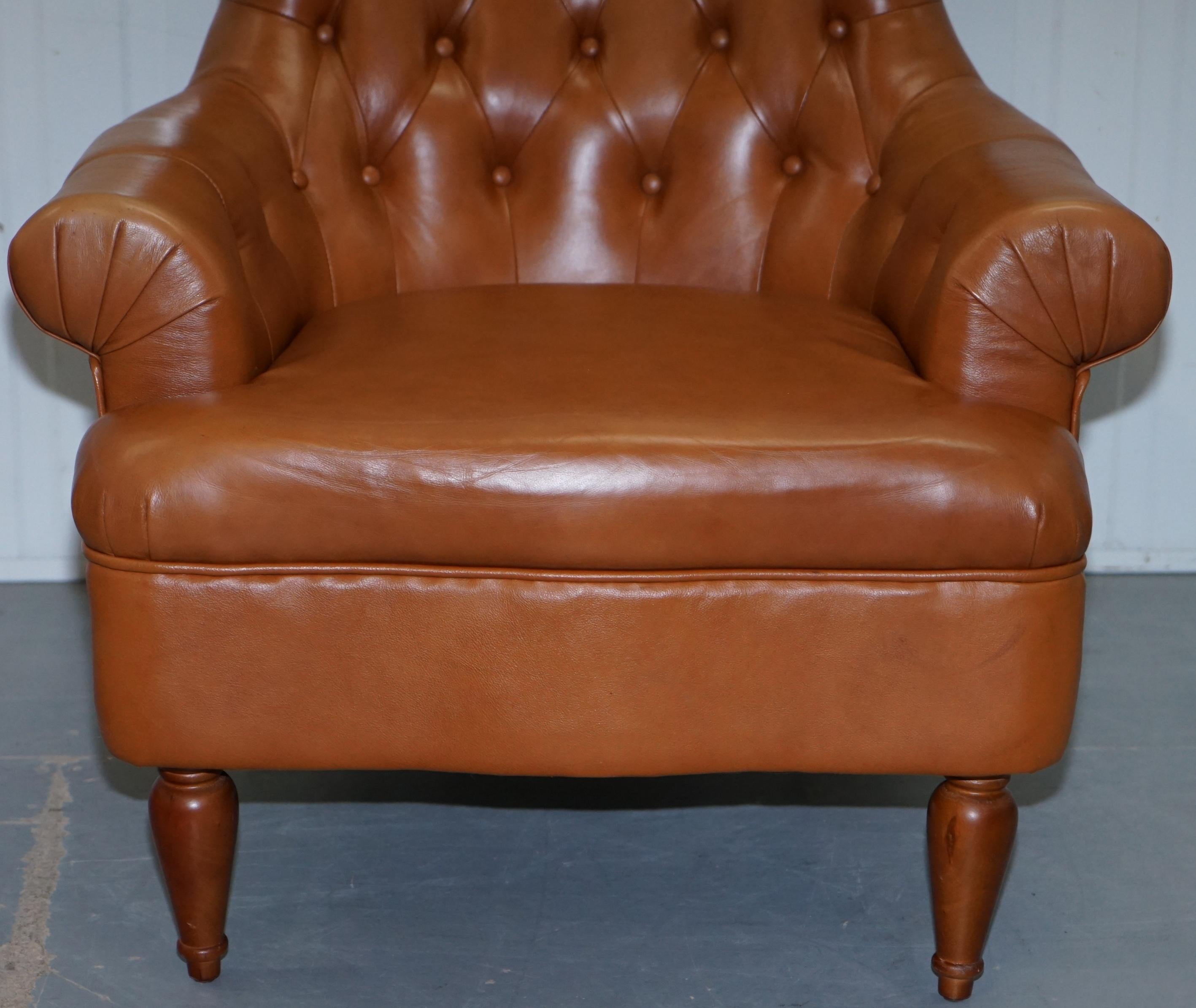 Matching Pair of Tan Brown Leather Chesterfield Buttoned Comfortable Armchairs 1