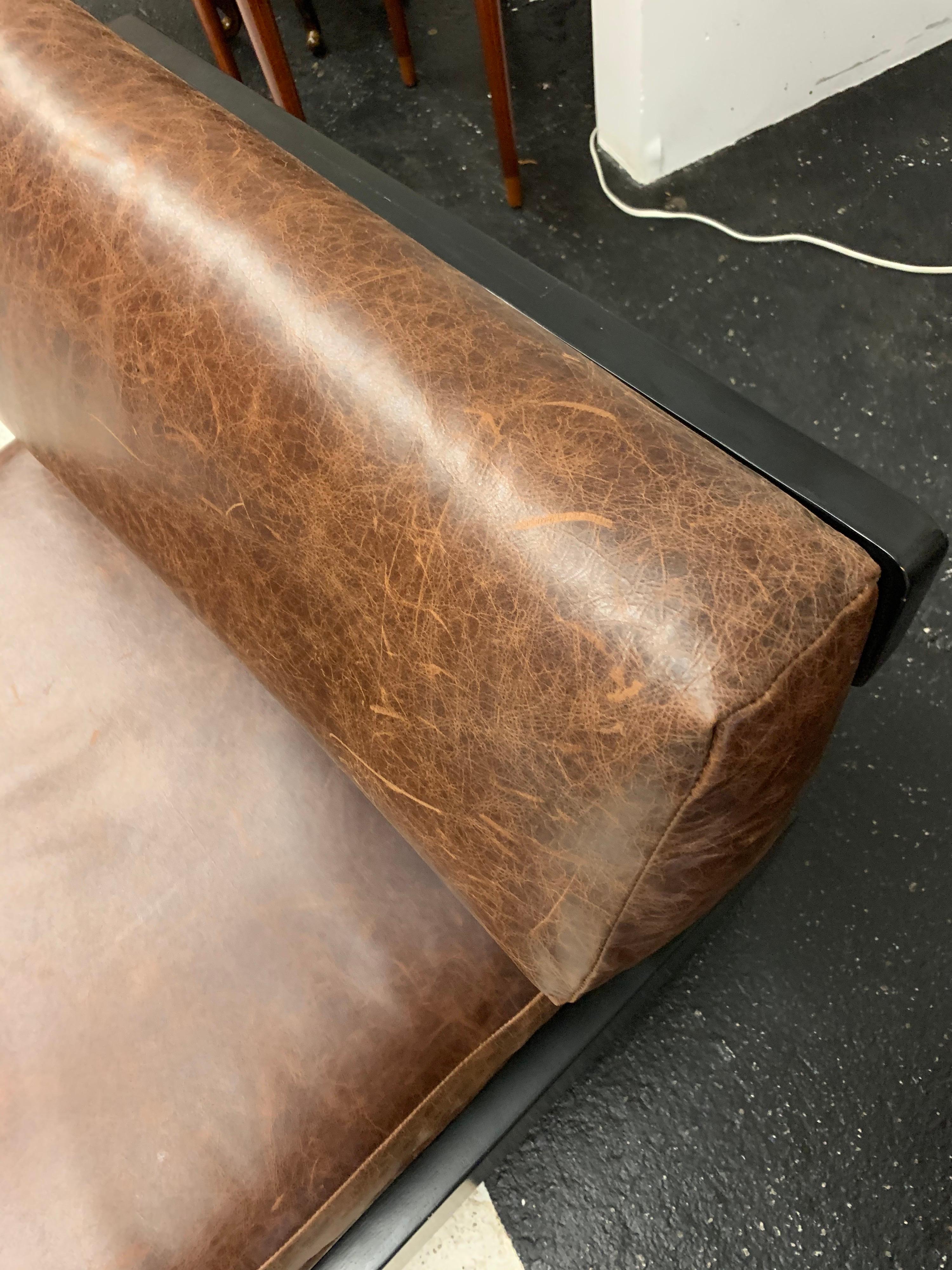 Matching Pair of Tech Incorporated T Back Black Chairs with Brown Leather In Good Condition In West Hartford, CT