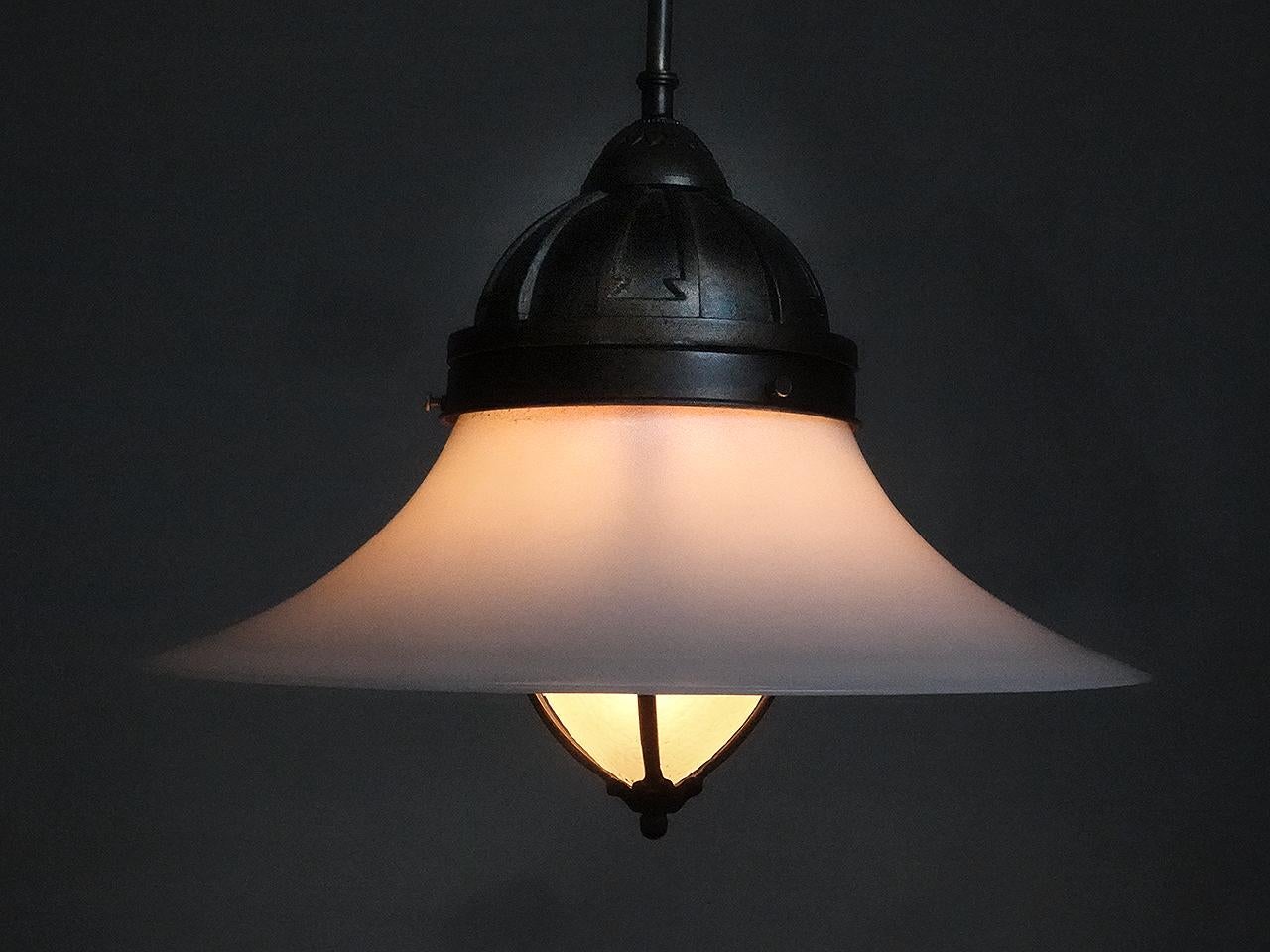American Matching Pair of Tented Milk and Acorn Frosted Glass Pendents For Sale