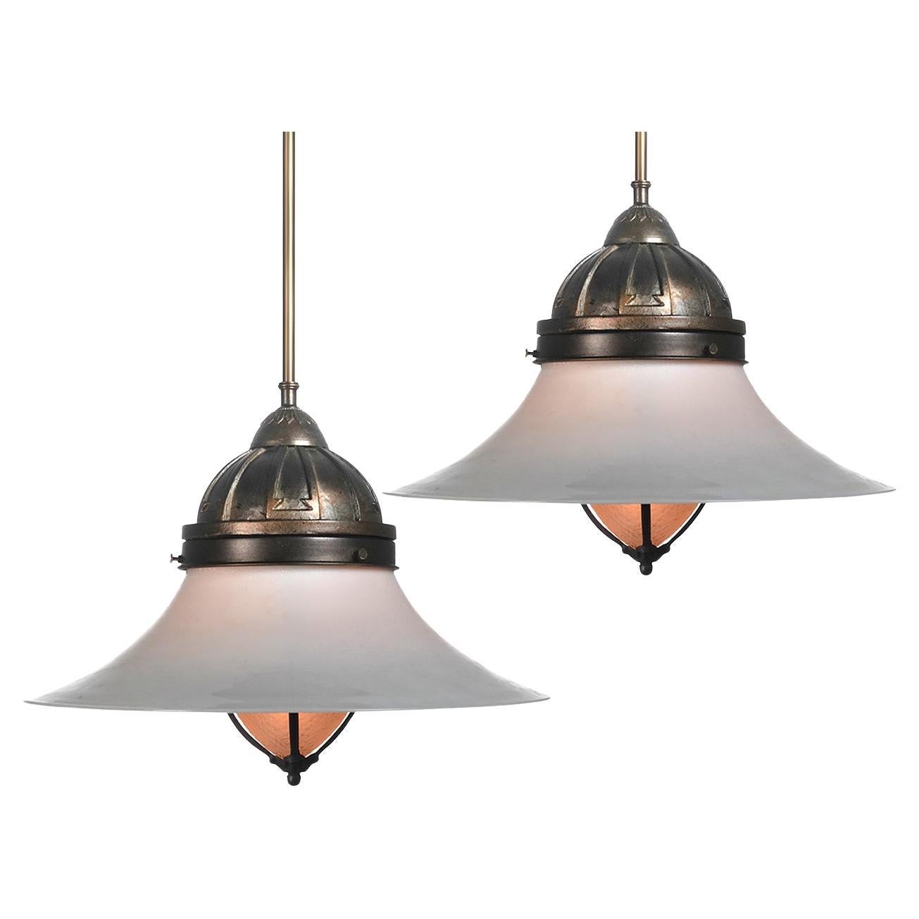 Matching Pair of Tented Milk and Acorn Frosted Glass Pendents