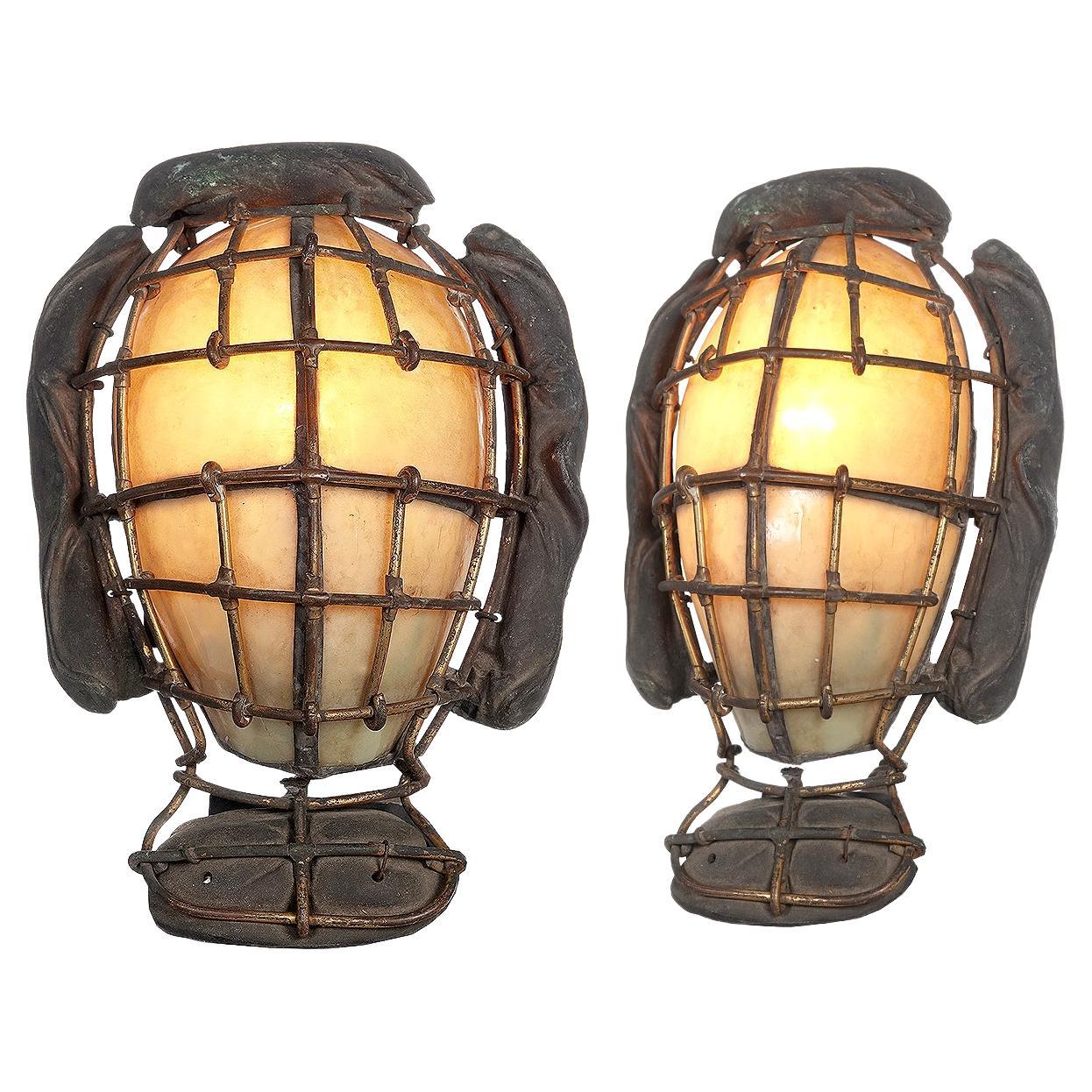 Matching Pair of Very Unique Baseball Catchers Mask Wall Sconces