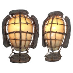 Matching Pair of Very Unique Baseball Catchers Mask Wall Sconces