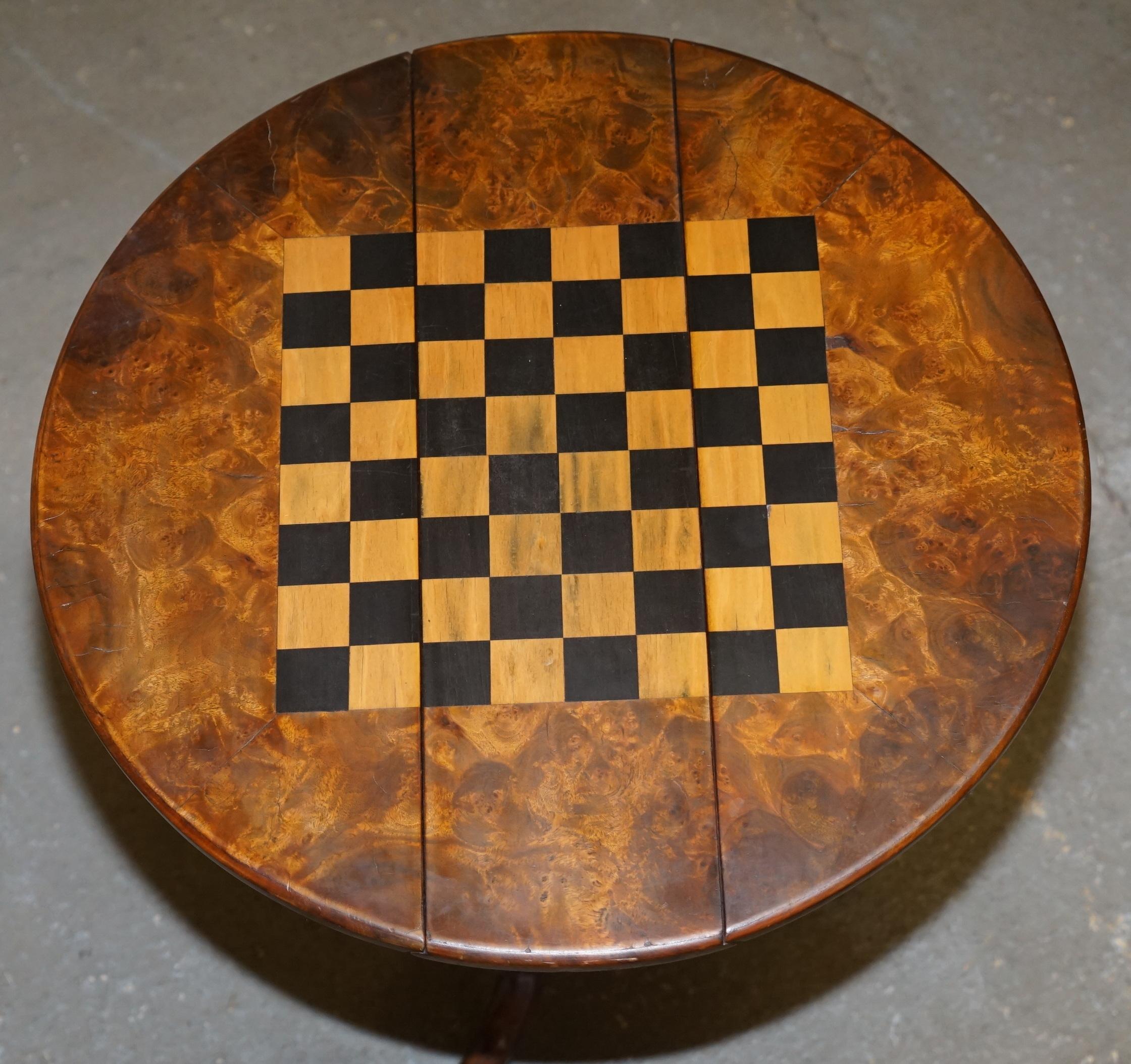 Matching Pair of Victorian Burl & Burr Walnut Chessboard Tripod Base Side Tables 6