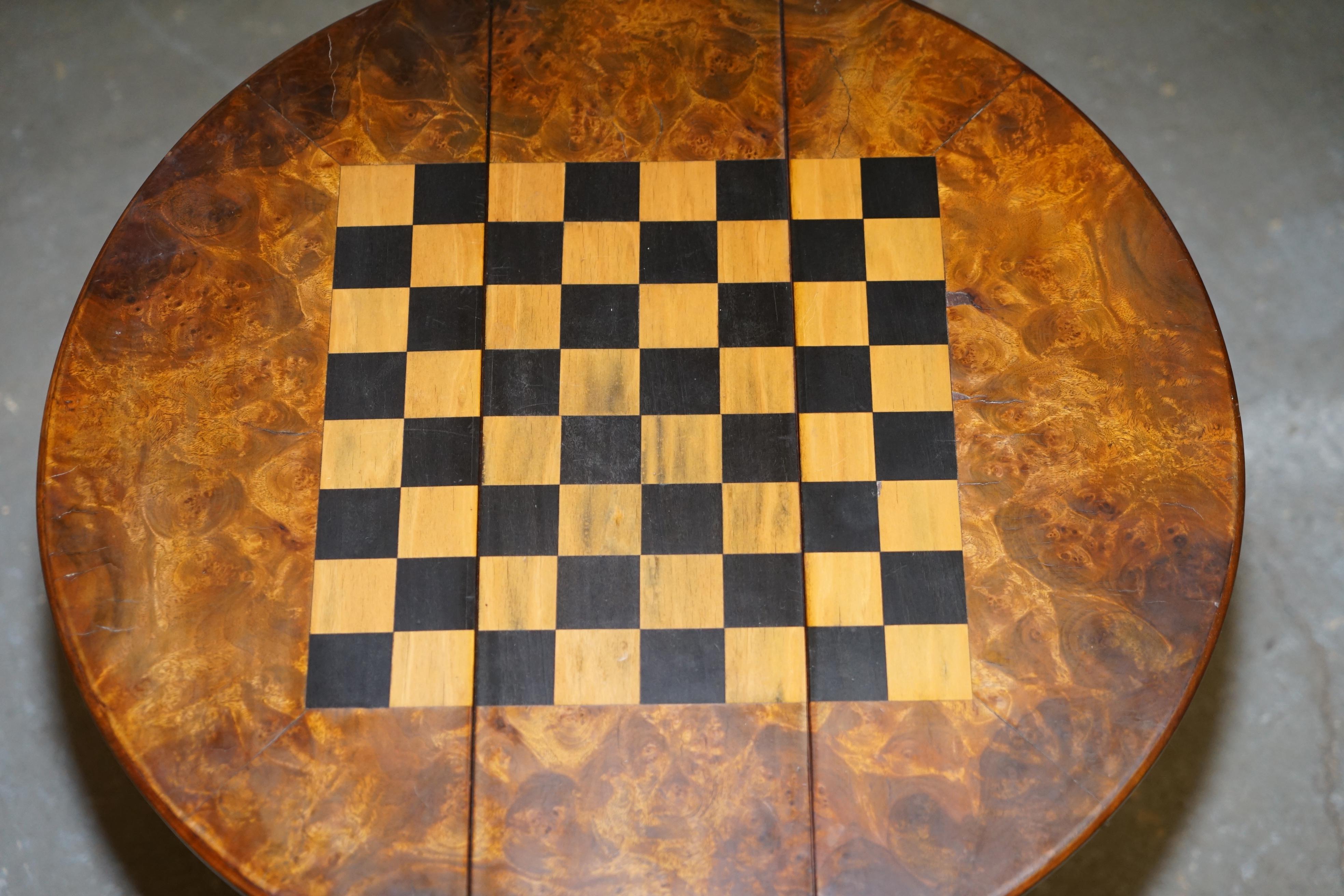Matching Pair of Victorian Burl & Burr Walnut Chessboard Tripod Base Side Tables 7