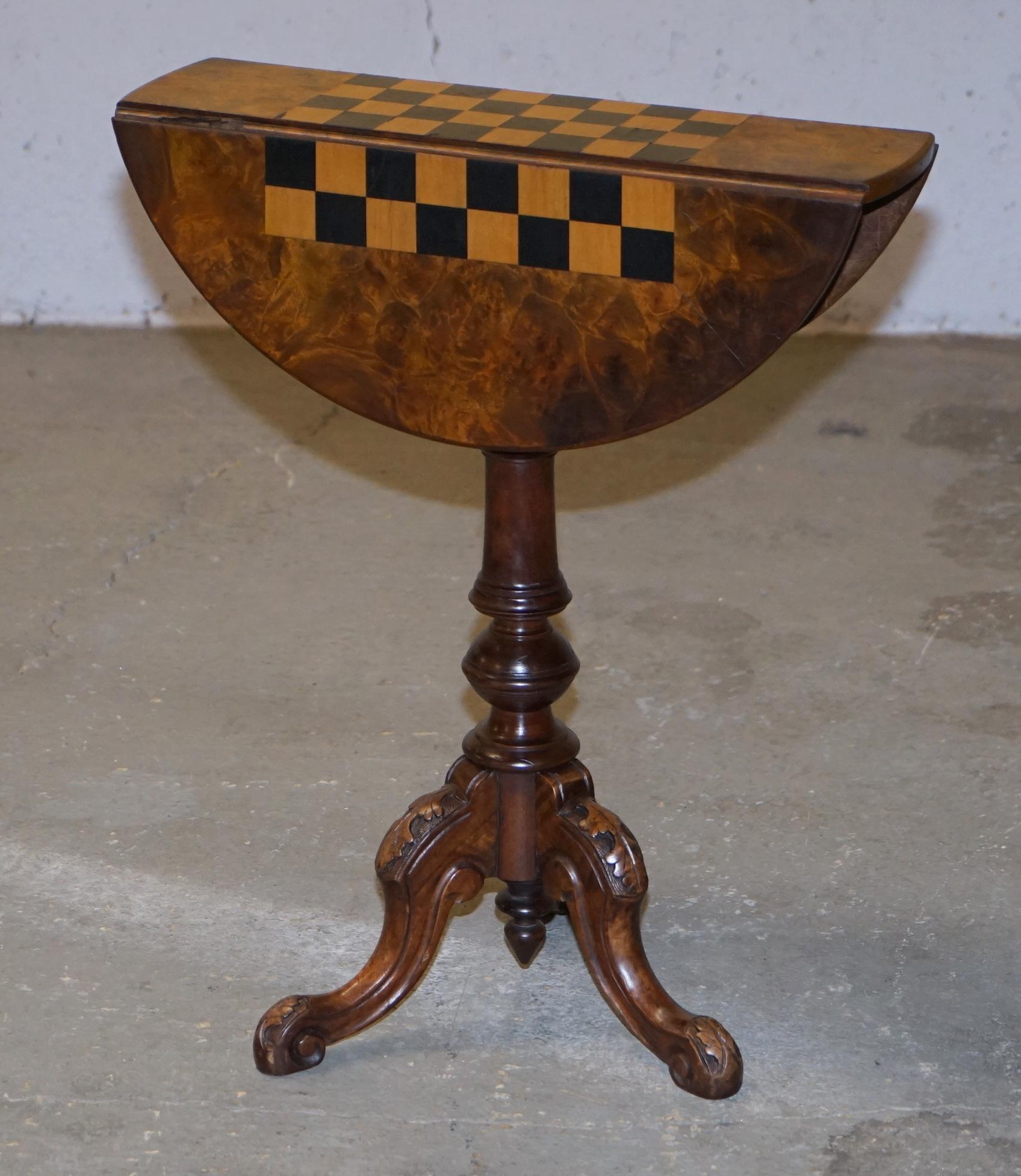Matching Pair of Victorian Burl & Burr Walnut Chessboard Tripod Base Side Tables 8
