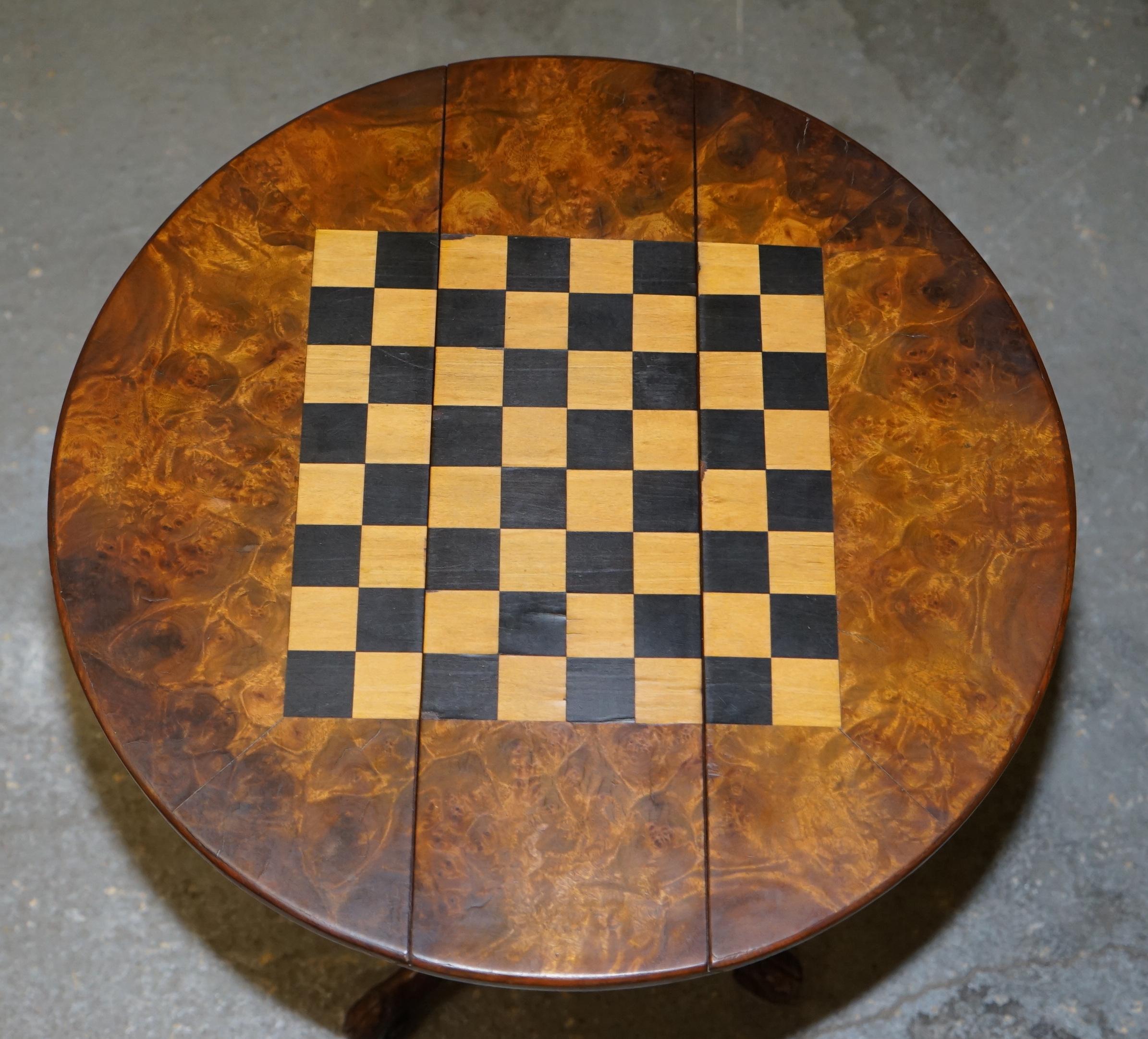 Matching Pair of Victorian Burl & Burr Walnut Chessboard Tripod Base Side Tables 10
