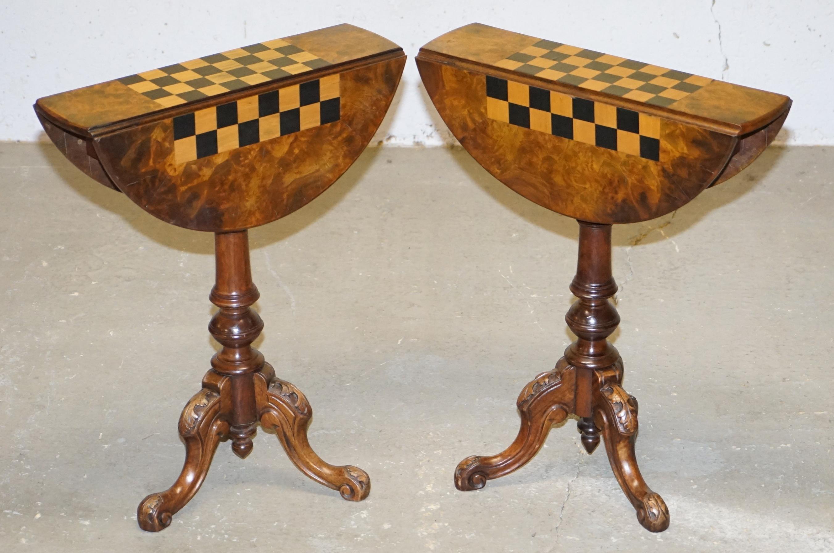 We are delighted to offer for sale this pair of very rare original mid Victorian circa 1860 folding chessboard tables in burl walnut and mahogany

I have never seen a folding tripod chess table before like this and to come in a pair is hard to