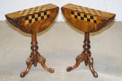 Matching Pair of Victorian Burl & Burr Walnut Chessboard Tripod Base Side Tables